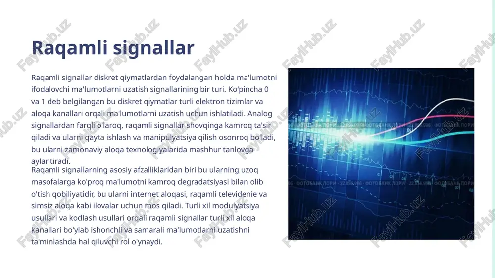 r nechta kanallar va modulyatsiya usullaridan foydalanadi. bu bugungi raqamli dunyoning o'zaro bog'liqligini qo'llab-quvvatlab, katta hajmdagi axborotni uzluksiz uzatish imkonini beradi. 5 modulyatsiya usullari amplituda modulyatsiyasi (am): bu usul uzatilayotgan to'lqin shakliga mutanosib ravishda tashuvchi signalining amplitudasini o'zgartiradi. ovozli signallarni uzatishda keng qo'llaniladi. chastotani modulyatsiya qilish (fm): fm axborot signali asosida tashuvchi signalining chastotasini o'zgartiradi. ushbu usul amplituda o'zgarishiga chidamliligi tufayli radioaloqa va musiqa eshittirishlarida keng qo'llaniladi. faza modulyatsiyasi (pm): pm modulyatsiya qiluvchi signalga javoban tashuvchi to'lqinning fazasini o'zgartiradi. bu sun'iy yo'ldosh aloqasi va simsiz tarmoq kabi ilovalarda juda muhimdir. 6 transmissiya buzilishlari 1 zaiflash zaiflashuv aloqa kanali bo'ylab harakatlanayotganda signal kuchining pasayishini anglatadi. bunga masofa, shovqin va signal uzatilayotgan vosita kabi omillar sabab bo'lishi mumkin. bu simli va simsiz aloqa tizimlarida keng tarqalgan buzilishdir. 2 buzilish; xato ko'rsatish signalning to'lqin shaklining shakli uzatish paytida o'zgarganda buzilish sodir bo'ladi. bunga uskunaning cheklovlari, chastotaga bog'liq kechikishlar yoki elektromagnit shovqin sabab bo'lishi …