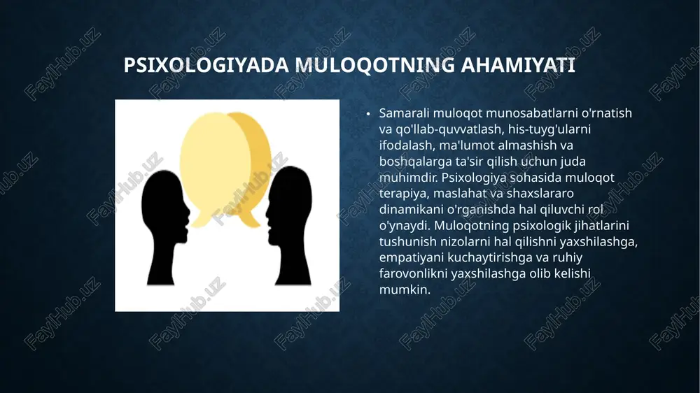 tortib texnologiyaning ijtimoiy o'zaro munosabatlarga ta'sirigacha bo'lgan turli mavzularni o'z ichiga oladi. og'zaki va og'zaki bo'lmagan ishoralar, ijtimoiy ta'sirlar, terapevtik aloqa va kognitiv jarayonlarning murakkab o'zaro ta'sirini o'rganish orqali psixologlar insoniy muloqotning murakkabliklarini ochishda davom etmoqdalar. muloqotning psixologik asoslarini tushunish nafaqat shaxslararo munosabatlarimizni yaxshilaydi, balki odamlarning o'zaro ta'sirini shakllantiradigan asosiy mexanizmlar haqida qimmatli tushunchalarni ham beradi. image2.png image3.png image4.png /docprops/thumbnail.jpeg