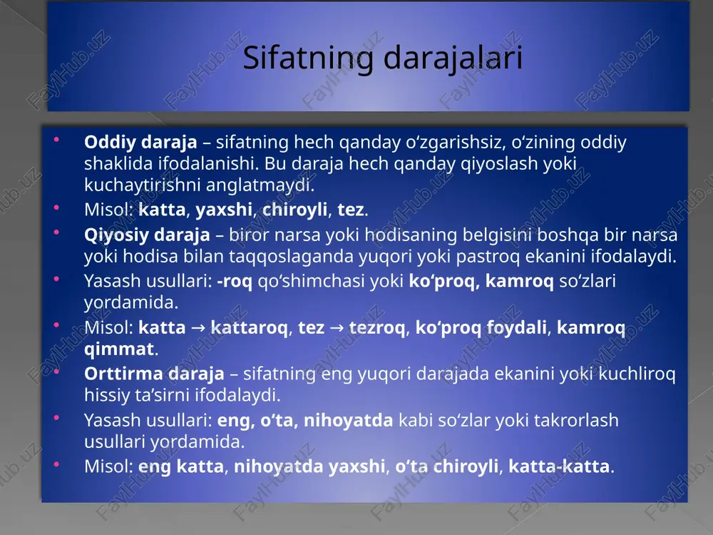 rdamida: eng, judayam, nihoyatda, o‘ta, behad, ayni, g‘oyat kabi so‘zlar ishlatiladi. masalan: eng yaxshi, nihoyatda katta, o‘ta muhim, g‘oyat chiroyli. takrorlash usuli yordamida: sifatni ikki marta takrorlash orqali. masalan: katta-katta, yaxshi-yaxshi, tez-tez. misollar: eng yaxshi (bu biz ko‘rgan eng yaxshi film.) o‘ta tez (mashina o‘ta tez harakat qildi.) nihoyatda chiroyli (u nihoyatda chiroyli tabassum qildi.) orttirma darajaning xususiyatlari: sifatning belgisini haddan tashqari kuchaytiradi. emotsional yoki ta’sirchan ifoda beradi. ko‘pincha biror narsaning yaqqol ustunligini ta’kidlash uchun ishlatiladi. orttirma daraja nutqda ta’sirchanlik va kuchli ta’kid yaratish uchun muhimdir. bu daraja yordamida biror hodisa, narsa yoki sifatning yuqori darajadagi ahamiyati ifodalanadi. qiyosiy daraja yasash usullari 1. suffiks yordamida qiyosiy daraja yasash uchun sifatga -roq/-roqdir qo‘shimchalari qo‘shiladi. masalan: chiroyli → chiroyliroq baland → balandroq tez → tezroq 2. qo‘shimcha so‘zlar yordamida qiyosiy darajani ko‘proq va kamroq so‘zlari yordamida ham hosil qilish mumkin. masalan: qiziqarli → ko‘proq qiziqarli zarur → kamroq zarur foydali → ko‘proq …