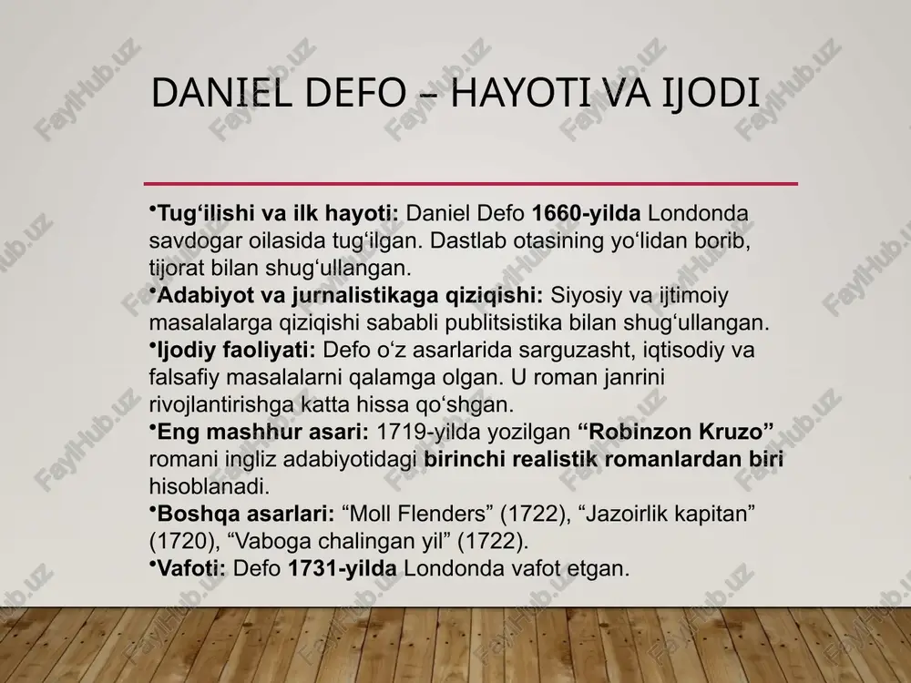 isi, qaroqchilar, bezorilar va bosqinchilar vakili bo'lgan aristokratiya butun orolni o'ziniki deb e'lon qilish uchun ko'chmanchilardan yer uchun ijara haqini to'lashni talab qildi. menimcha, bu qahramonlar, ularning xatti-harakatlari va ular atrofida sodir bo'layotgan voqealar hozirgi qozoq oligarxlari va ularning xatti-harakatlari bilan bevosita o'xshashdir. tezroq boyib ketishni istab, qora tanli qullar uchun afrikaga noqonuniy savdo parvozida qatnashadi. biroq, kema bo'ronga duchor bo'ladi va orinoko og'zi yaqinidagi noma'lum orolda qurib qoladi. kruzo ekipajdan omon qolgan yagona odam bo'lib, u odam yashamaydigan orolga suzish orqali yetib keldi. umidsizlikni yengib, u kemadan bo'ron bilan vayron bo'lishidan oldin barcha kerakli asbob-uskunalar va jihozlarni qutqaradi. orolda joylashgan bo'lib, u o'zi uchun yaxshi qoplangan va himoyalangan uy quradi, kiyim tikishni, loydan idishlarni yoqishni o'rganadi, dalalarga yachmenyom va kemadan sholi ekishni o'rganadi. shuningdek, u orolda topilgan yovvoyi echkilarni boqishga muvaffaq bo'ladi, bu unga go'sht va sutning barqaror manbai, shuningdek, kiyim-kechak ishlab chiqarish uchun teri beradi. ko'p yillar davomida …