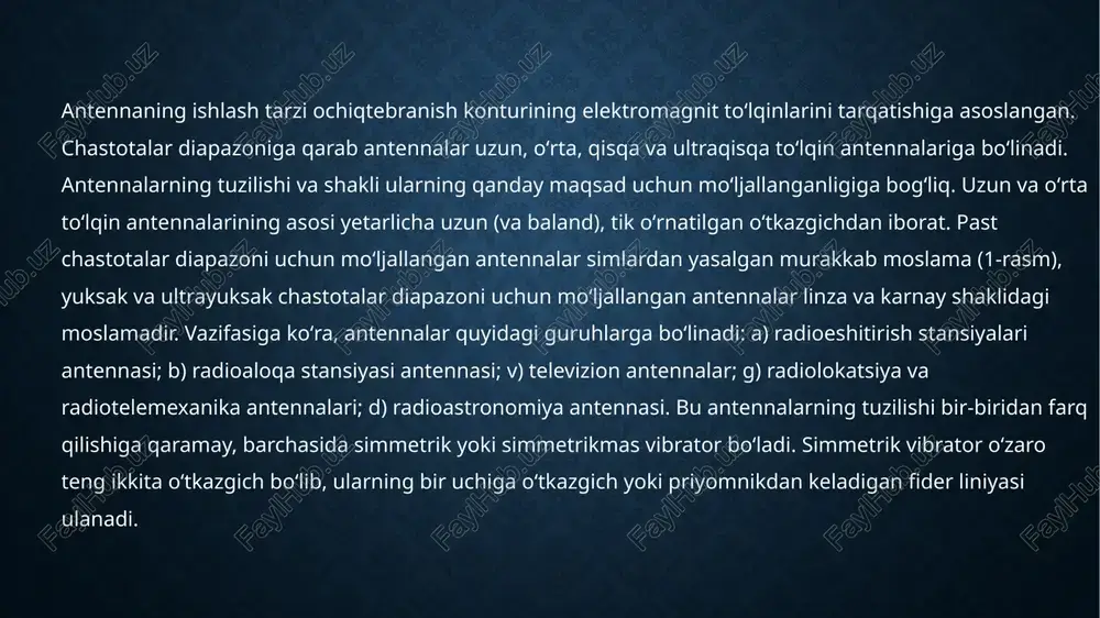 onida ishlaydi. antennalar metr, desimetr, santimetrli toʻlqinlar antenna siga boʻlinadi, mas, shleyf antenna va direktorli antennalar. shleyf antenna uchlari tutashtirilgan, parallel joylashgan, oʻlchami yarim toʻlqin uzunligiga teng 2 ta vibratordan tuzilgan. direktorli antenna esa gorizontal tekislikda joylashgan faol (aktiv) va sust (passiv) vibratorlardir. oʻlchami yarim toʻlqin uzunligiga teng vibrator yoki shleyf antenna faol tarkatgich vazifasini bajaradi. u diametri yetarlicha katta, yaxlit yoki naysimon silindrik oʻtkazgichdan yasaladi. suct vibratorlar (old tomonda — direktor, or-qada — reflektorlar)ning boʻlishi antennaning yoʻnalganligini oshiradi. u tor polosalidir. optik turdagi antennalar — koʻzgu va linzalar san-timetrli toʻlqinlar antennalariga kiradi. koʻzgu metalldan, linza dielektrikdan yasaladi. ular qaytargich (projektorlarning koʻzgusi kabi) vazifasini bajaradi va sferik (silindrik) toʻlqinga ay-lantiradi. bunday antennalar radiolokatsiya, radioastronomiya va radioreley aloqada keng ishlatiladi. radioreleyli aloqada, kosmik radioaloqada, radioastronomiya va boshqa sohalarda oʻta yuqori chastotali parabolik antenna keng tarqalgan. u parabola shaklidagi metall koʻzgu va tarkatgichdan iborat. tarqatgich sifatida kuchsiz yoʻnaltirilgan antenna (karnaylar, kichik reflektorli …