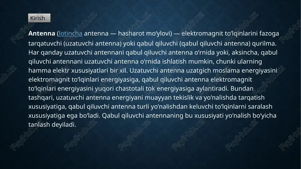 orizontal joylashgan, ikki boʻlagining oʻlchami yarim toʻlqin uzunligiga teng vibratorlardir. ulardan bitgasi tarqatgich, ikkinchisi qaytargich hisoblanadi. qaytargich vibrator toʻlqinni bir tomonlama tarqatadi. rombsimon antenna simdan yasalgan va keng toʻlqin diapazonida ishlaydi. antennalar metr, desimetr, santimetrli toʻlqinlar antenna siga boʻlinadi, mas, shleyf antenna va direktorli antennalar. shleyf antenna uchlari tutashtirilgan, parallel joylashgan, oʻlchami yarim toʻlqin uzunligiga teng 2 ta vibratordan tuzilgan. direktorli antenna esa gorizontal tekislikda joylashgan faol (aktiv) va sust (passiv) vibratorlardir. oʻlchami yarim toʻlqin uzunligiga teng vibrator yoki shleyf antenna faol tarkatgich vazifasini bajaradi. u diametri yetarlicha katta, yaxlit yoki naysimon silindrik oʻtkazgichdan yasaladi. suct vibratorlar (old tomonda — direktor, or-qada — reflektorlar)ning boʻlishi antennaning yoʻnalganligini oshiradi. u tor polosalidir. optik turdagi antennalar — koʻzgu va linzalar san-timetrli toʻlqinlar antennalariga kiradi. koʻzgu metalldan, linza dielektrikdan yasaladi. ular qaytargich (projektorlarning koʻzgusi kabi) vazifasini bajaradi va sferik (silindrik) toʻlqinga ay-lantiradi. bunday antennalar radiolokatsiya, radioastronomiya va radioreley aloqada keng ishlatiladi. radioreleyli aloqada, …