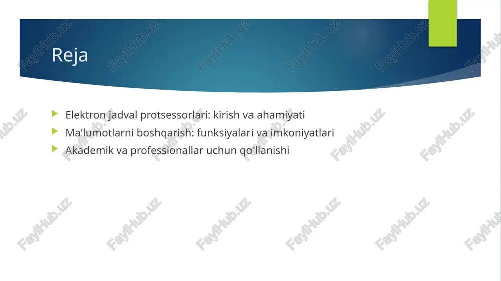 elektron jadval protsessorlarining biznes va professional sohalardagi roli. 1 biznesda foydalanish elektron jadval protsessorlari biznesda moliya hisobotlari, xarajatlarni boshqarish va foyda tahlili kabi vazifalarni bajarishda muhim rol o'ynaydi. 2 ma'lumotlarni tahlil qilish bu dasturlar katta hajmdagi ma'lumotlarni tahlil qilish imkoniyatini taqdim etadi, bu esa biznes qarorlarini qabul qilishda aniq ko'rinish yaratadi. 3 samaradorlikni oshirish elektron jadval protsessorlari jarayonlarni avtomatlashtirish orqali ish samaradorligini oshirib, vaqtni tejash va xatoliklarni kamaytirishga yordam beradi. 4 ta'lim va trening ko'plab kompaniyalar elektron jadval dasturlarini xodimlarni o'qitish va malakalarini oshirish uchun foydalanadilar, bu esa ularning professional rivojlanishini qo'llab-quvvatlaydi. elektron jadval protsessorlarining ma'lumotlarni boshqarishdagi roli. 1 ma'lumotlar bazasi - elektron jadval protsessorlari ma'lumotlar bazasi sifatida ishlaydi, turli formatlarda ma'lumotlarni saqlab, tezkor kirishni ta'minlaydi. bu esa foydalanuvchilarga samarali boshqarish imkonini beradi. 2 avtomatik hisob-kitoblar - elektron jadval dasturlari avtomatik hisob-kitoblar imkoniyatini taqdim etadi, bu esa murakkab formulalar yordamida ma'lumotlar ustida tez va aniq tahlil o'tkazishga yordam beradi. 3 …