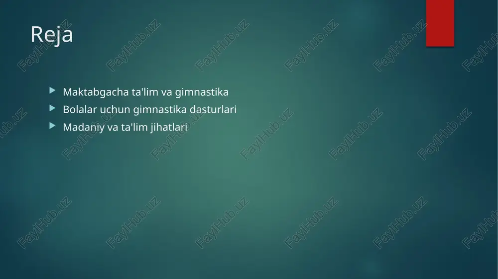 turlarini ishlab chiqishda innovatsion yondashuvlar, bolalarning qiziqishini oshirish va ta'lim jarayonini yanada samarali qilishga yordam beradi. 2 o'yin asosidagi usullar - o'yin asosidagi usullar, bolalar uchun gimnastika mashg'ulotlarini qiziqarli va interaktiv qilishga imkon beradi, bu esa ularning jismoniy faolligini oshiradi. 3 texnologiyadan foydalanish - zamonaviy texnologiyalar, masalan, video darslar va interaktiv ilovalar, bolalarga gimnastika ko'nikmalarini o'rganishda yordam beradi va o'z-o'zini baholash imkonini beradi. 4 madaniyatga moslashtirish - mahalliy madaniyatga moslashtirilgan dasturlar, bolalarning o'z madaniyati bilan bog'lash imkonini beradi, bu esa ularning shaxsiy rivojlanishiga ijobiy ta'sir ko'rsatadi. maktabgacha yoshdagi bolalar uchun gimnastika dasturlarining ahamiyati. 1 gimnastikaning foydalari - maktabgacha yoshdagi bolalar uchun gimnastika dasturlari, jismoniy rivojlanishni rag'batlantirib, muvozanat, kuch va chidamlilikni oshirishga yordam beradi. 2 ijtimoiy rivojlanish - gimnastika mashg'ulotlari bolalarda ijtimoiy ko'nikmalarni rivojlantirish, guruhda ishlash va do'stlikni mustahkamlashga imkon yaratadi. 3 madaniy meros - o'zbek madaniyatida gimnastika an'analari bolalarga o'z madaniyatlarini tushunishga yordam beradi, bu esa ularning identifikatsiyasini mustahkamlaydi. bolalar …