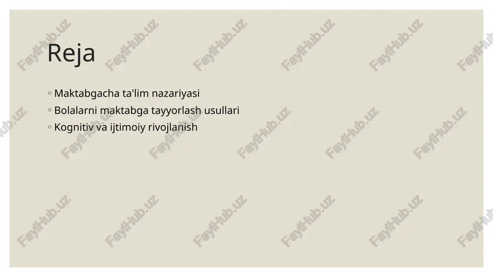 aktabgacha yoshdagi bolalar uchun o'qituvchilarning roli. 1 o'qituvchilarning roli maktabgacha yoshdagi bolalar uchun o'qituvchilar, ularning rivojlanishida muhim rol o'ynab, bilim va ko'nikmalarni o'rgatadilar. 2 ta'lim jarayonida o'qituvchilar, maktabgacha ta'lim jarayonida bolalarning kognitiv, ijtimoiy va emotsional rivojlanishlarini qo'llab-quvvatlaydilar, o'zaro aloqalarini mustahkamlashga yordam berishadi. 3 ota-onalar bilan hamkorlik o'qituvchilar, ota-onalar bilan yaqin hamkorlikda ishlash orqali bolalarning maktabga tayyorgarlik jarayonida qo'shimcha qo'llab-quvvatlashni ta'minlaydilar. maktabga tayyorgarlik: bolalar uchun dastlabki ta'lim usullari. 1 o'qitish usullari bolalarni maktabga tayyorlashda faol o'qitish usullari, masalan, rolli o'yinlar va interaktiv mashg'ulotlar, ularga qiziqarli va samarali ta'lim beradi. 2 o'yin orqali o'rganish o'yinlar yordamida o'rganish, bolalarning kognitiv va ijtimoiy ko'nikmalarini rivojlantirishda muhimdir. bu jarayon o'zaro hamkorlikni va ijodkorlikni rag'batlantiradi. 3 individualizatsiya har bir bolaning o'ziga xos ehtiyojlarini inobatga olish, individual ta'lim strategiyalarini yaratish orqali ularning muvaffaqiyatini oshirish imkonini beradi. o'zbekistondagi maktabga tayyorlash dasturlari va metodlari. 01 maktabga tayyorlash dasturlari o'zbekistonda maktabga tayyorlash dasturlari, bolalarning kognitiv, ijtimoiy va emosional rivojlanishini ta'minlashga …