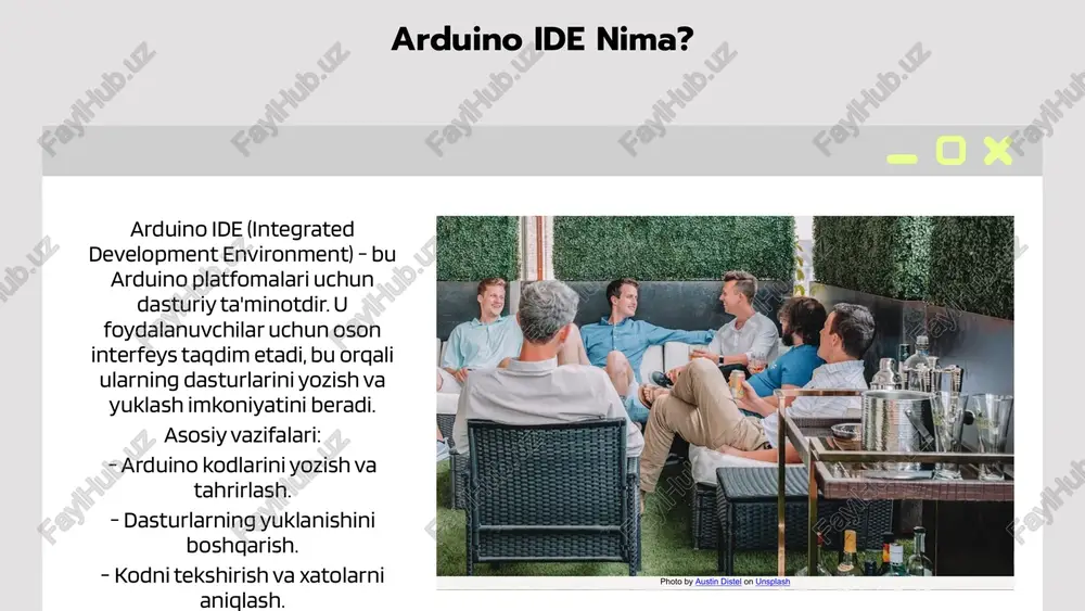 urchilarga arduino platfomalari uchun kod yozish va yuklash imkonini beradi. u oddiy interfeysga ega bo'lib, foydalanuvchilar o'z loyihalarini tezda rivojlantirishlari uchun qulaylik yaratadi. 2 imkoniyatlar arduino ide dasturlari ko'plab imkoniyatlar bilan ta'minlaydi, jumladan, real vaqt rejimida kodni tuzatish, kutubxonalar orqali kengaytirilishi va turli xil arduino platfomalariga mos kelishi. bu foydalanuvchilarga keng qamrovli loyihalar yaratishga yordam beradi. 3 loyihalash jarayoni dasturlarni yaratish jarayoni oson, asosan, kod yozish, ularni yuklash va test qilishdan iborat. arduino ide foydalanuvchilarga loyihalarini tez va samarali ravishda amalga oshirishga imkon beradi. 4 o'rganish resurslari arduino ide dasturlarini o'rganish uchun ko'plab onlayn resurslar mavjud. foydalanuvchilar forumlar, video darsliklar va rasmiy hujjatlarni o'z ichiga olgan turli manbalardan foydalanishlari mumkin. kod yozish jarayoni arduino dasturlarini yozish jarayoni dasturiy ta'minotni o'rnatish va kutubxonalarni tanlashdan boshlanadi. arduino ide ni o'rnatgandan so'ng, dasturiy ta'minot bilan ishlash uchun kerakli kutubxonalarni tanlash muhimdir. bu jarayon kod yozish uchun asosiy tayyorgarlikni ta'minlaydi. kod yozish jarayonida asosiy …