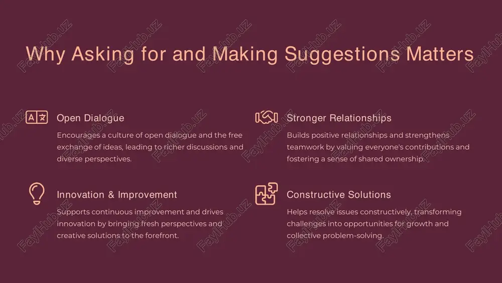 , and building a culture where everyone feels heard and valued. 1 listen actively pay full attention to truly understand the suggestion and the intent behind it. 2 acknowledge value express gratitude for the input, even if the idea isn't ultimately adopted. 3 ask clarifying questions probe deeper to ensure full comprehension and address any ambiguities. 4 provide constructive feedback offer thoughtful feedback on the idea, explaining rationale for acceptance or rejection. https://gamma.app/?utm_source=made-with-gamma https://gamma.app/?utm_source=made-with-gamma common mistakes to avoid • being too direct or blunt: this can cause offence and shut down future dialogue. always aim for politeness and tact. • vague or unclear suggestions: ambiguity leads to confusion and wasted effort. be specific about your ideas. • ignoring others’ input or dismissing ideas: this undermines team morale and discourages participation. show respect for all contributions. • overloading with too many suggestions at once: this can overwhelm recipients and make it …