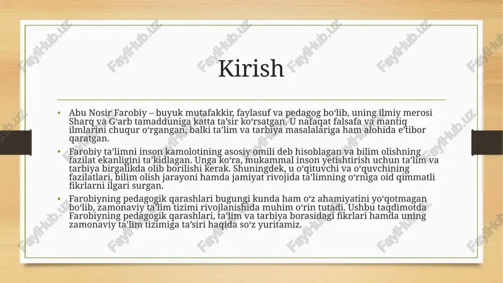 t bilim beruvchi, balki axloqiy tarbiyachi ham bo‘lishi kerak. to‘g‘ri ta’lim – insoniyatni adolatli va baxtli jamiyat sari yetaklaydi. farobiy fikricha, haqiqiy o‘qitish insonni tafakkur qilishga va haqiqatni izlashga undashi lozim. ideal o‘qituvchi haqida tasavvur farobiy ideal o‘qituvchini nafaqat bilim beruvchi, balki insonni kamolot sari yetaklovchi murabbiy deb bilgan. unga ko‘ra, ideal o‘qituvchi: bilimli – fan va hayot haqidagi chuqur bilimlarga ega bo‘lishi kerak. axloqiy yetuk – odobli, adolatli va sabrli bo‘lishi lozim. ilmga muhabbat uyg‘ota oladigan – o‘quvchilarni izlanishga ilhomlantirishi kerak. muloqotchi va rahbar – talabalar bilan yaxshi munosabat o‘rnata olishi muhim. farobiy fikricha, haqiqiy o‘qituvchi o‘z shogirdlariga nafaqat bilim, balki hayotiy donishmandlik ham berishi lozim. o‘quvchining fazilatlari farobiy fikricha, mukammal ta’lim olish uchun o‘quvchi quyidagi fazilatlarga ega bo‘lishi kerak: ilmga chanqoq bo‘lish – bilim olishga intilishi va izlanishdan to‘xtamasligi kerak. xulq-atvorning go‘zalligi – axloqli, hurmatli va odobli bo‘lishi lozim. sabrlilik va mehnatsevarlik – qiyinchiliklarni yengib o‘tib, o‘z ustida …