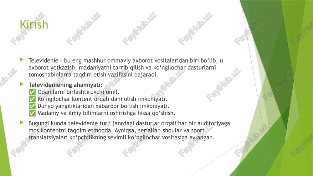 aridan uzoqlashish. bugungi kunda bu dasturlar televidenie bilan birga youtube va striming platformalarida ham mashhur. kulgi va hajviy dasturlar 😂 kulgi va hajviy dasturlar – tomoshabinlarga quvonch va ijobiy kayfiyat ulashuvchi ko‘ngilochar kontent turidir. 🔹 asosiy turlari: ✅ stand-up shoular – komediyachilarning jonli chiqishlari. ✅ sitcom (komedik seriallar) – kulgili vaziyatlarga asoslangan qisqa seriallar. ✅ parodiya va hajviy dasturlar – mashhur shaxslar va voqealarning hajviy talqini. 😆 ta’siri: ijobiy: stressni kamaytiradi, kayfiyatni ko‘taradi. salbiy: ba’zan kulgi chegaradan chiqib, kimgadir nisbatan haqoratli bo‘lishi mumkin. kulgi dasturlari televidenie va internet platformalarida juda ommabop bo‘lib, auditoriyaga iliq hissiyotlar taqdim etadi. televideniening ijtimoiy tarmoqlar bilan integratsiyasi 🌍 bugungi kunda televidenie va ijtimoiy tarmoqlar bir-birini to‘ldiruvchi asosiy axborot va ko‘ngilochar platformalarga aylangan. 🔹 integratsiya yo‘llari: ✅ youtube, tiktok, instagram – teleko‘rsatuvlarning qisqa parchalari tarqaladi. ✅ jonli efirlar – tomoshabinlar onlayn muloqot qilish imkoniyatiga ega. ✅ trend va viral kontent – televideniedagi qiziqarli sahnalar ijtimoiy tarmoqlarda …