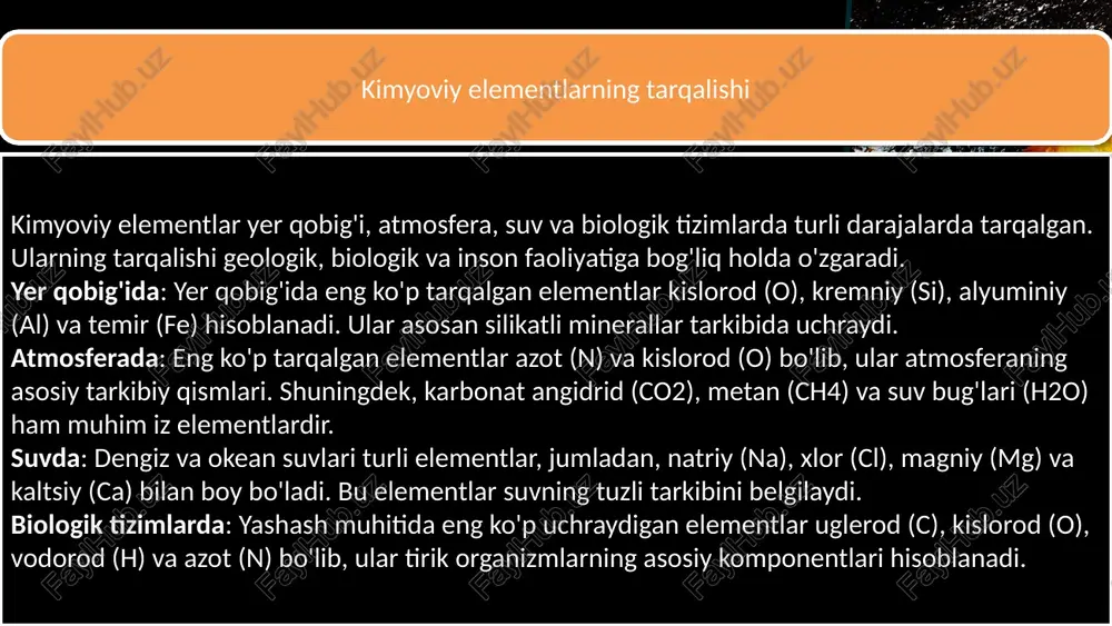 n u iqlim o'zgarishi bilan bog'liq muhim omillardan biridir. suv bug'lari (h2o): atmosferadagi suv bug'lari global iqlim va ob-havo sharoitlariga ta'sir ko'rsatadi. yer qobig'i va atmosferadagi bu elementlar hayot uchun muhimdir va ularning tabiiy aylanishi atrof-muhit barqarorligiga katta ta'sir ko'rsatadi. this presentation uses a free template provided by fppt.com www.free-power-point-templates.com 5 suvda dengiz va okean suvlari tarkibidagi elementlar suvning fizik va kimyoviy xossalarini belgilab beradi. bu elementlar suvning tuzli tarkibini yaratishda muhim rol o'ynaydi. okean suvi asosan quyidagi asosiy ionlar bilan boy bo'lib, ular suvdagi tuzlarning asosiy qismini tashkil qiladi: natriy (na+): dengiz suvining eng asosiy kationi bo'lib, suvning sho'rligi va elektr o'tkazuvchanligini belgilaydi. xlor (cl-): suvdagi eng asosiy anionlardan biri bo'lib, natriy bilan birikib, natriy xlorid (nacl), ya'ni osh tuzi hosil qiladi. magniy (mg2+): dengiz suvlaridagi eng ko'p uchraydigan ikkilamchi kationlardan biri. u biologik jarayonlar uchun ham muhim element hisoblanadi. kaltsiy (ca2+): kaltsiy suvlarda kalsiy karbonat (caco3) shaklida bo'lib, …