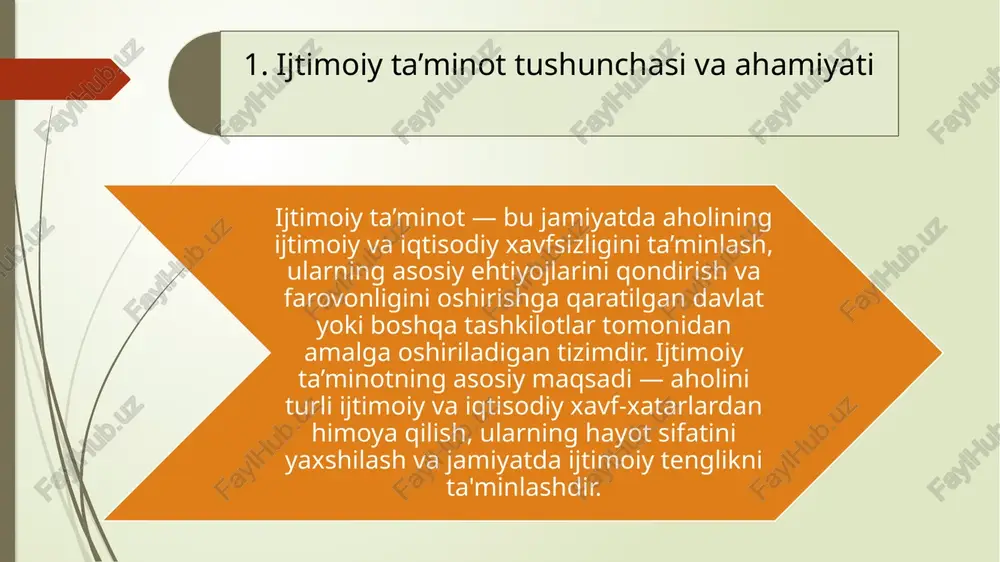 ash, va hayotini yaxshilashga qaratilgan tizimdir. ijtimoiy ta’minot jamiyatda ijtimoiy barqarorlikni saqlash, ijtimoiy adolatni ta’minlash va jamiyatning farovonligini oshirishda muhim rol o‘ynaydi. uning roli nafaqat ehtiyojmand guruhlarga yordam ko‘rsatish, balki jamiyatni rivojlantirish, iqtisodiy barqarorlikni ta’minlash va ijtimoiy tenglikni yaratishda ham namoyon bo‘ladi. yangi avlodni qo‘llab-quvvatlash ijtimoiy ta’minot tizimi yoshlarni ta'lim olish, kasb-hunar o‘rganish, sog‘lom o‘sish va rivojlanish imkoniyatlari bilan ta’minlashga qaratilgan. yoshlar uchun ta'lim dasturlari, malaka oshirish va stipendiya tizimlari ijtimoiy ta’minotning muhim yo‘nalishlaridan biridir. bu tizim yosh avlodni ijtimoiy va iqtisodiy hayotga tayyorlashga yordam beradi va ularning kelajakdagi farovonligini ta'minlaydi. favqulodda vaziyatlarda yordam ijtimoiy ta’minot tizimi favqulodda vaziyatlar, tabiiy ofatlar yoki iqtisodiy inqirozlar davrida muhim yordam manbai bo‘lib xizmat qiladi. bu tizim yordamida odamlar tezda ijtimoiy yordamga ega bo‘lishadi, bu esa ularning hayotini saqlab qolish va xavfsizlikni ta’minlashga yordam beradi. tabiiy ofatlar, urushlar yoki boshqa favqulodda vaziyatlarda ijtimoiy ta’minot tizimi aholi uchun zarur bo‘lgan tibbiy yordam, oziq-ovqat, vaqtinchalik boshpana …