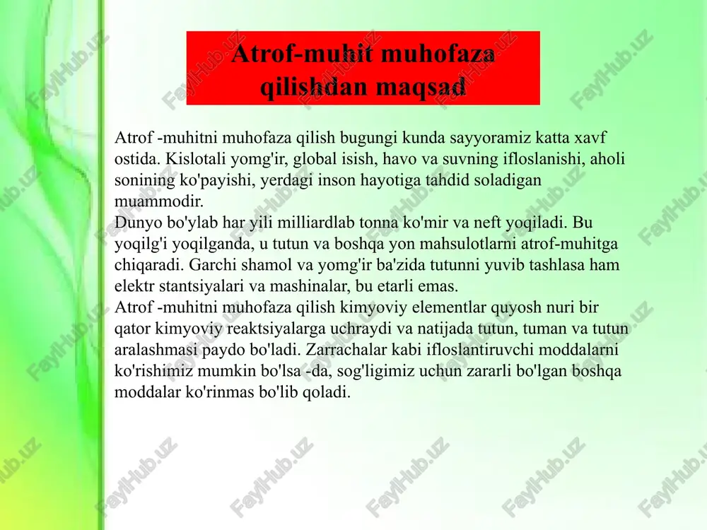 , a.n. forobiy, abu rayhon beruniy, ibn sino ular hali ekologiya fani dunyoga kelgan davrda tabiat va undagi muvozanat o`simlik va hayvonot dunyosi, tabiatni e’zozlash haqidagi qimmatli fikrlar aytadi. al xorazmiy (782-847) 845 yilda “kitob surat al- arz” degan asarini yozadi. unda dunyo okeanlari, quruqlikdagi qit’alar, qutblar, ekvatorlar, cho`llar, tog’lar, daryo va dengizlar, ko’llar , o’rmonlar ulardagi o`simlik va hayvonot dunyosi shuningdek boshqa tabiiy resurslar yerning asosiy boyliklari haqida ma’lumotlar keltiradi. atrof – olam va tabiat haqida olimlar fikri forobiy (870-910) o`zining “ixsoa al- ulum va al-ta’orif” asaridagi zamonasidagi ilmlarni har tomonlama o`rganib ularni ma’lum tizimga solib, turkumlarga ajratdi, har bir ilm tarmog`iga maorif berishga harakat qildi. tabiatshunoslik ilmiga katta e’tibor berdi. tabiatshunoslikka oid “odam a’zolarining tuzilishi”, “hayvon a’zolari va ularning vazifalari haqidagi kabi asarlar yozgan. beruniy (973-1048) asarlarida o`simlik va hayvonlarning biologik xususiyatlari ularning tarqalishi va xo’jalikdagi ahamiyati haqida ma’lumotlar topish mumkin. beruniyning ilmiy karashlari asosan “saydana”, “mineralogiya”, “qadimgi …