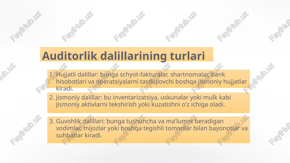 k namunasini olish uchun tasodifiy, tizimli yoki tasodifiy tanlov kabi statistik yoki statistik bo'lmagan tanlab olish usullaridan foydalanishlari mumkin. baholash auditor auditorlik xulosalarini tasdiqlash uchun etarli va tegishli dalillarni taqdim etganligini aniqlash uchun namuna natijalarini baholashi kerak. 8 tahliliy protseduralar va ulardan dalillarni olishda foydalanish 1 o'zaro munosabatlarni tushunish analitik protseduralar moliyaviy va moliyaviy bo'lmagan ma'lumotlar o'rtasidagi munosabatlarni tahlil qiladi, auditorlarga potentsial noto'g'ri ko'rsatkichlarni ko'rsatishi mumkin bo'lgan g'ayrioddiy yoki kutilmagan tendentsiyalarni aniqlashga yordam beradi. 2 ishonchlilikni tekshirish ushbu protseduralar auditorlarga moliyaviy ma'lumotlarning oqilona va mijozning biznesini tushunishlariga mos kelishini ta'minlab, hisobdagi qoldiqlar va operatsiyalarning ishonchliligini baholashga imkon beradi. 3 moddiy sinov tahliliy protseduralar mijozning moliyaviy hisobotining to'g'riligi, to'liqligi va to'g'riligi to'g'risida dalillarni olish uchun muhim testlar sifatida ishlatilishi mumkin. 4 risk assessment analitik protseduralar auditorlarga yuqori xavf sohalarini aniqlashda yordam beradi, bu ularga sinov harakatlarini auditning eng muhim jihatlariga yo'naltirishga imkon beradi. 9 xulosa va asosiy xulosalar auditorlik dalillari asoslari …