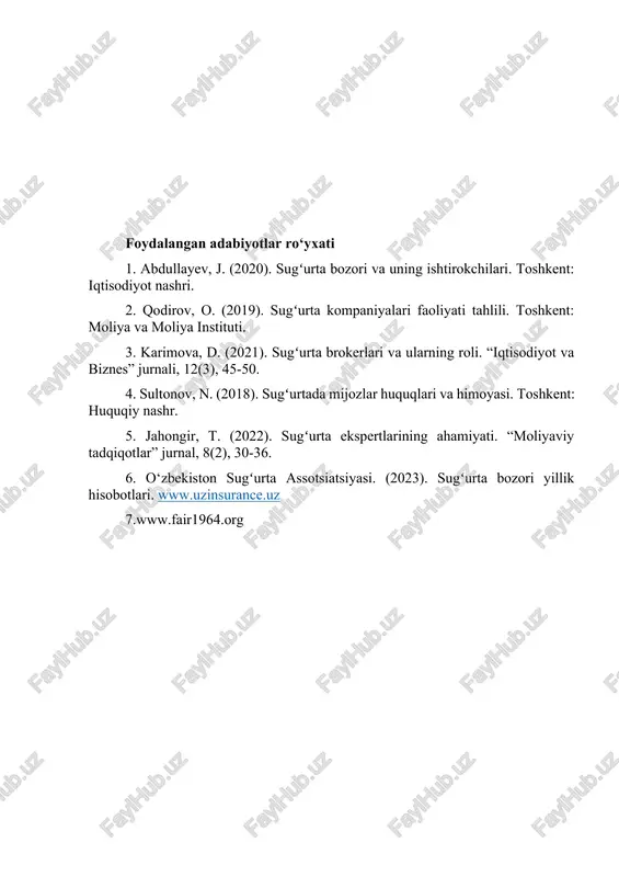 bozorda ishonchni mustahkamlab bormoqda.)) [1: insurance market overview, hussein elsayed maqolasi] sug‘urta bozorida professional ishtirokchilarning faoliyati ko‘plab jihatlarga bog‘liq. ular mijozlarga sifatli xizmat ko‘rsatish, sug‘urta xizmatlarini ommalashtirish va bozordagi ishonchlilikni oshirishga intilishadi. brokerlar va agentlar mijozlar bilan yaqin aloqada bo‘lib, ularning ehtiyojlarini aniqlaydi va eng mos sug‘urta polislarini taklif qiladi. ekspertlar esa sug‘urta da’volarini baholab, hal qilish jarayonini adolatli va shaffof qilishga yordam beradi. shu orqali mijozlar o‘zlarini himoyalangan his qiladi. professional ishtirokchilar orasidagi hamkorlik, ularning malakasi va mas'uliyat bilan yondashuvi sug‘urtaning samarali ishlashiga katta hissa qo‘shadi. bu esa bozorning barqaror rivojlanishiga imkon yaratadi va mijozlarning sug‘urtaga bo‘lgan ishonchini oshiradi. sug‘urta bozorining professional ishtirokchilari bozorda sifatli xizmat taqdim etish va mijozlarning ishonchini oshirishda muhim rol o‘ynaydi. sug‘urta kompaniyalari, brokerlar, agentlar va ekspertlar o‘zaro hamkorlikda bozorning barqarorligini ta’minlaydi. ularning faoliyati sug‘urta xizmatlarini yanada rivojlantirish, raqobatbardoshlikni oshirish va mijozlar manfaatlarini himoya qilishga xizmat qiladi. shu sababli, professional ishtirokchilarning malakasi va mas’uliyati sug‘urtaning …