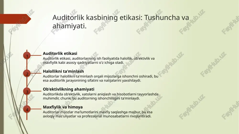 amoaviy ish va natijalarni yaxshilaydi, hamda auditorlik sohasida ishonchni oshiradi. auditorlik kasbida etik qarorlar qabul qilish jarayoni. 1 etik qarorlar asoslari auditorlikda etik qarorlar qabul qilish jarayoni, auditorlar uchun halollik, ob'ektivlik va maxfiylik kabi asosiy tamoyillarga asoslanadi. 2 qaror qabul qilish jarayoni auditorlar, har bir vaziyatda axloqiy me'yorlarni hisobga olib, muammolarni tahlil qilib, to'g'ri va adolatli qarorlar qabul qilishlari kerak. 3 misollar va amaliyot auditorlar uchun real hayot misollarini keltirish, etik qarorlar qabul qilish jarayonini yanada tushunarli qiladi va axloqiy muammolarga yechim topishga yordam beradi. o'zbekistondagi auditorlarning axloqiy me'yorlari va ularning ta'siri. 1 o'zbekistonning axloqiy me'yorlari o'zbekistonda auditorlik kasbining axloqiy me'yorlari, halollik va ob'ektivlikni ta'minlashda muhim rol o'ynaydi, bu esa auditorlarga ishonch hosil qiladi. 2 ta'sir etuvchi qonunlar auditorlik faoliyatini tartibga soluvchi qonunlar, masalan, o'zbekiston respublikasining "auditorlik faoliyati to'g'risida"gi qonuni, axloqiy me'yorlarni belgilaydi. 3 o'zbekistonda amaliyot o'zbekistondagi auditorlar amaliyotida axloqiy me'yorlarga rioya qilish, auditorlik hisobotlarining aniqligini va ishonchliligini oshiradi, bu …