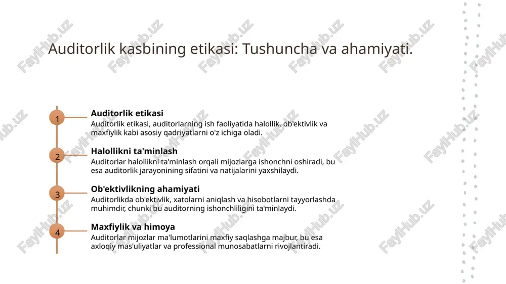 qanday bosimdan holi bo'lishlari kerak. bu, xulqiy mas'uliyatni oshiradi va auditorlik faoliyatining sifatini ta'minlaydi. 03 professional munosabatlar auditorlar o'rtasidagi professional munosabatlar halollik va ob'ektivlikka asoslangan bo'lishi kerak. bu, jamoaviy ish va natijalarni yaxshilaydi, hamda auditorlik sohasida ishonchni oshiradi. maxfiylik prinsipi: auditorlikda ma'lumotlarni himoya qilish. auditorlikda maxfiylik prinsipi, auditorlar tomonidan olingan ma'lumotlarni himoya qilishni ta'minlaydi. bu prinsip, auditorlarning mijozlarining shaxsiy va moliyaviy ma'lumotlariga bo'lgan hurmatini aks ettiradi. maxfiylikni saqlash, auditorning professional etikasi doirasida muhim ahamiyatga ega. - mijoz ma'lumotlari sir saqlanishi lozim. - maxfiylikni buzish, auditorning ishonchliligini yo'qotishiga olib keladi. photo by kevin turcios on unsplash auditorlik kasbida etik qarorlar qabul qilish jarayoni. 1 etik qarorlar asoslari auditorlikda etik qarorlar qabul qilish jarayoni, auditorlar uchun halollik, ob'ektivlik va maxfiylik kabi asosiy tamoyillarga asoslanadi. 2 qaror qabul qilish jarayoni auditorlar, har bir vaziyatda axloqiy me'yorlarni hisobga olib, muammolarni tahlil qilib, to'g'ri va adolatli qarorlar qabul qilishlari kerak. 3 misollar va amaliyot auditorlar …