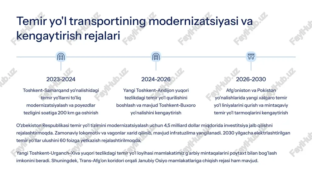 liq ishlatishdan chiqarish yoqilg'i tejaydigan va ekologik toza samolyotlarga o'tish aeroportlarni modernizatsiyalash toshkent, samarqand, buxoro va urganch aeroportlarini xalqaro standartlarga moslashtirish terminal va uchish-qo'nish yo'laklarini yangilash yo'lovchilarga xizmat ko'rsatish sifatini oshirish havo harakati boshqaruvi zamonaviy radiolokatsion qurilmalarni o'rnatish havo harakati boshqaruvi tizimini raqamlashtirish xalqaro standartlarga mos uchish xavfsizligini ta'minlash o'zbekiston havo transportini rivojlantirish dasturiga muvofiq, 2030 yilgacha samolyot parkini to'liq yangilash va havo transporti orqali tashiladigan yo'lovchilar sonini ikki barobarga oshirish rejalashtirilmoqda. bu maqsadlarga erishish uchun 2,8 milliard dollar investitsiya jalb qilinadi. toshkent xalqaro aeroportining yangi terminali 2025 yilda foydalanishga topshirilishi va yiliga 7 million yo'lovchiga xizmat ko'rsatish quvvatiga ega bo'lishi kutilmoqda. shuningdek, xiva va namangan shaharlarida yangi xalqaro aeroportlar qurilishi ham rejalashtirilgan. 5 shahar ichidagi jamoat transporti tizimlarini takomillashtirish metro tarmoqlarini kengaytirish toshkentda 3 ta yangi metro liniyasini qurish va mavjud stansiyalarni modernizatsiyalash. samarqand va namanganda birinchi metro liniyalarini yaratish. avtobus tizimini yangilash shahar avtobus parkini elektrobus va gaz …