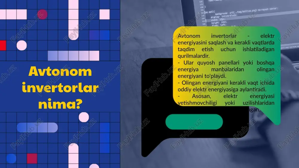 shilaydi va energiya resurslarining sarfini optimallashtiradi. avtonom invertorlarning kelajagi avtonom invertorlar texnologiyalari tez sur'atlar bilan rivojlanmoqda. kelajakda, bu qurilmalar yanada samarali bo'lishi kutilmoqda, shuningdek, energiyani saqlash imkoniyatlari ham oshadi. ularning narxlari pasayishi va keng tarqalishi kutilmoqda. avtonom invertorlarning rivojlanishi energiya ta'minotining barqarorligini oshirishga yordam beradi va ekologik toza energiya manbalaridan foydalanishni kengaytirishga xizmat qiladi. avtonom invertorlar energiya ishlab chiqarish va iste'mol qilishni optimallashtirish uchun muhim vosita hisoblanadi. ular quyosh panellari va shamol turbinalari kabi qayta tiklanadigan energiya manbalari bilan birgalikda ishlashadi. ushbu qurilmalar orqali energiya samaradorligini oshirish, xarajatlarni qisqartirish va ekologik ta'sirni kamaytirish mumkin. shuningdek, global energiya inqiroziga qarshi kurashishda ham ulkan rol o'ynaydi. avtonom invertorlar haqida umumiy ma'lumot avtonom invertorlar - bu elektr energiyasini doimiy ravishda taqdim etuvchi qurilmalar. ular asosan quyidagi vazifalarni bajaradi: quvvat manbai sifatida xizmat qiladi, energiya samaradorligini oshiradi va elektr jihozlarini himoya qiladi. avtonom invertorlar, odatda, to'g'ridan-to'g'ri oqimni (dc) o'zgaruvchan oqimga (ac) aylantirish orqali ishlaydi, …