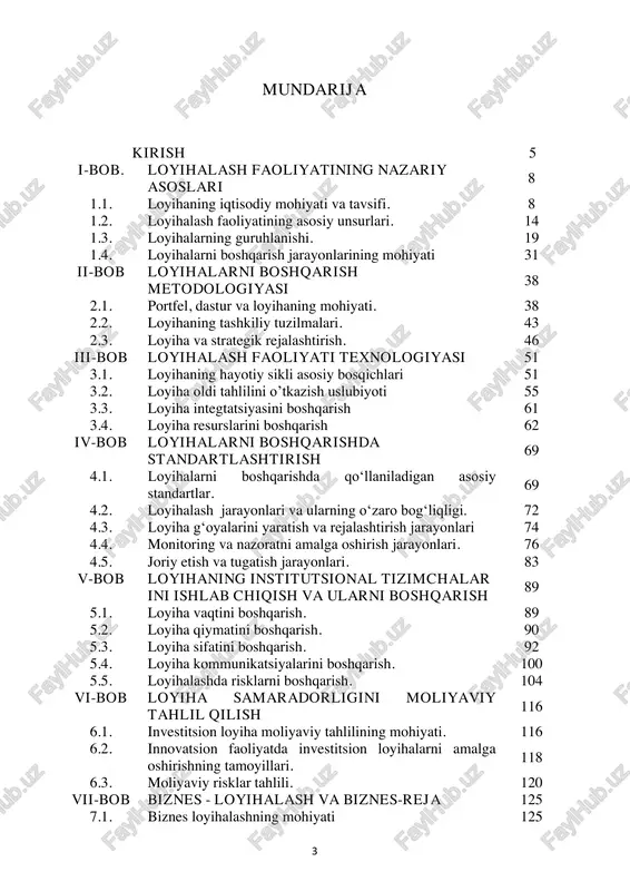 o`yxati 193 5 kirish loyihalarni boshqarish – bu nafaqat rejalashtirish va ijro, balki strategik fikrlash, muloqot va jamoaviy ishlarni uyg‘unlashtirish san’atidir. har qanday muvaffaqiyatli loyiha ortida puxta reja va samarali boshqaruv yotadi. shu sababli, loyiha boshqaruvi bilimlarini egallash har bir yetakchi mutaxassis uchun zaruriy hisoblanadi. loyihalarni boshqarish sohasida xalqaro kongresslar, turli simpoziumlar, dasturiy ta’minotlar, malaka oshirish kurslari va sertifikatlash tizimlari keng rivojlangan. hozirgi kunga kelib, loyihalarni boshqarish yondashuvi global miqyosda eng samarali va tan olingan uslubiyotlardan biri sifatida e’tirof etilmoqda. endilikda, katta miqyosdagi biror loyiha yoki dastur loyiha boshqaruvi usullari qo‘llanilmasdan amalga oshirilmaydi. "loyiha" va "loyihalarni boshqarish" kabi tushunchalar bugun nafaqat iqtisodiy va ishlab chiqarish sohalarida, balki davlat boshqaruvi tizimida ham keng qo‘llanilmoqda. o‘zbekistonning bozor iqtisodiyotiga kirib borishi jarayonida iqtisodiy faoliyatni aniq rejalashtirish, muddatlar va resurslarni nazorat qilish, ijrochilar o‘rtasidagi hamkorlikni yo‘lga qo‘yish zaruratini yuzaga keltirdi. bu borada rivojlangan mamlakatlarning loyiha boshqaruvi bo‘yicha tajribasi katta ahamiyat kasb etadi. “o‘zbekiston – …