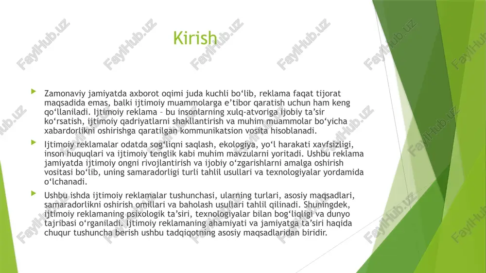 n ta’sirchan vizual va hissiy usullar qo‘llaniladi. ijtimoiy reklamalarni tahlil qilish usullari ijtimoiy reklama samaradorligini baholash uchun quyidagi tahlil usullari qo‘llaniladi: semantik tahlil – reklamaning mazmuni, undagi asosiy g‘oya va berilayotgan xabar chuqur tahlil qilinadi. bu usul reklamaning to‘g‘ri va tushunarli yetkazilganini aniqlashga yordam beradi. psixologik tahlil – auditoriyaning reklama ta’siriga bergan hissiy va ongli javobi o‘rganiladi. bu orqali reklamaning odamlar xulq-atvorini o‘zgartirish darajasi baholanadi. statistik tahlil – reklamaning auditoriyaga ta’siri raqamlar orqali o‘lchanadi. masalan, reklama ko‘rishlari soni, unga bo‘lgan munosabat (layklar, fikrlar) va reklama natijasida amalga oshirilgan real harakatlar (masalan, donorlik aksiyalarida ishtirok etish) tahlil qilinadi. ushbu usullar orqali ijtimoiy reklamaning samaradorligi aniqlanib, uning ta’sirini oshirish bo‘yicha tavsiyalar ishlab chiqiladi. ijtimoiy reklamalarni yetkazish kanallari ijtimoiy reklama keng auditoriyaga ta’sir qilish uchun turli kanallar orqali yetkaziladi: televizion reklama – katta auditoriyaga ta’sir etuvchi samarali vosita bo‘lib, vizual va audio elementlar orqali kuchli ta’sir ko‘rsatadi. internet va ijtimoiy tarmoqlar – ayniqsa, …