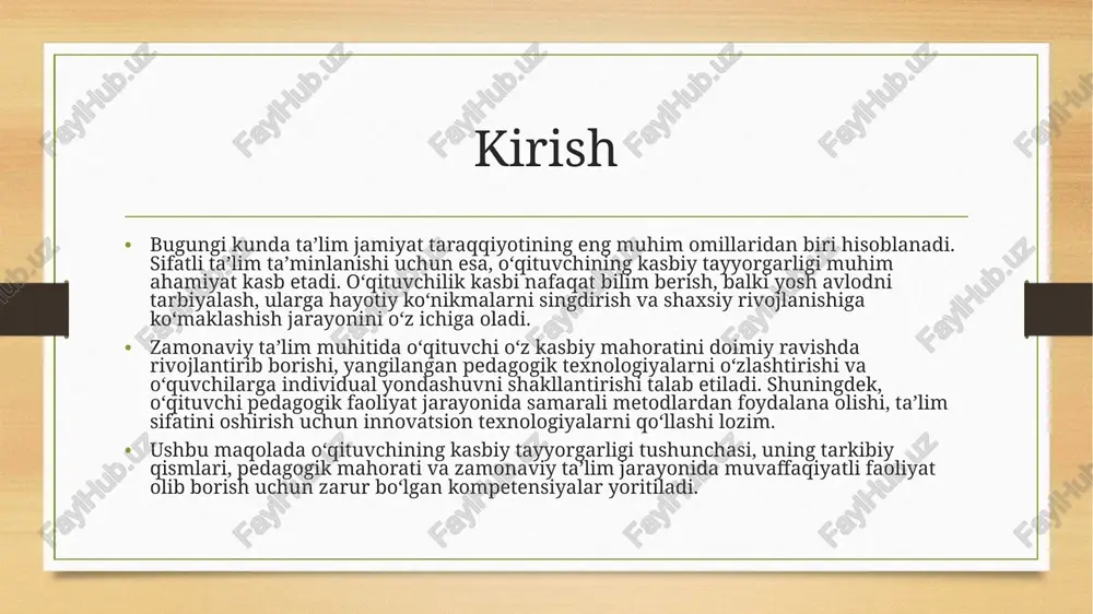 adi. ta’lim olish – pedagogik oliy o‘quv yurtida nazariy bilim va amaliy ko‘nikmalarni egallash bosqichi. amaliy tajriba orttirish – maktab yoki boshqa ta’lim muassasalarida pedagogik amaliyot o‘tash, haqiqiy dars jarayonida tajriba to‘plash. kasbiy rivojlanish – mustaqil pedagogik faoliyatga kirishish, metodik va innovatsion yondashuvlarni o‘zlashtirish. doimiy o‘sish va takomillashuv – kasbiy mahoratni oshirish, yangi pedagogik texnologiyalarni o‘rganish va ta’lim jarayonini rivojlantirish. bu bosqichlar o‘qituvchining professional shakllanishi va pedagogik faoliyatining sifatli bo‘lishini ta’minlaydi. o‘qituvchining metodik tayyorgarligi o‘qituvchining metodik tayyorgarligi – bu o‘quv jarayonini samarali tashkil etish va darslarni puxta rejalashtirish uchun zarur bo‘lgan bilim, ko‘nikma va malakalarga ega bo‘lish jarayonidir. metodik tayyorgarlik quyidagilarni o‘z ichiga oladi: darslarni rejalashtirish – o‘quv dasturlariga asoslangan holda dars mazmunini aniqlash va uni bosqichma-bosqich tashkil etish. ta’lim metodlarini tanlash – o‘quvchilarning yoshi, bilim darajasi va qiziqishlarini inobatga olgan holda samarali usullarni qo‘llash. baholash tizimi – o‘quvchilarning bilimini tekshirish va natijalarni tahlil qilish. o‘quv materiallarini tayyorlash – darsliklar, …