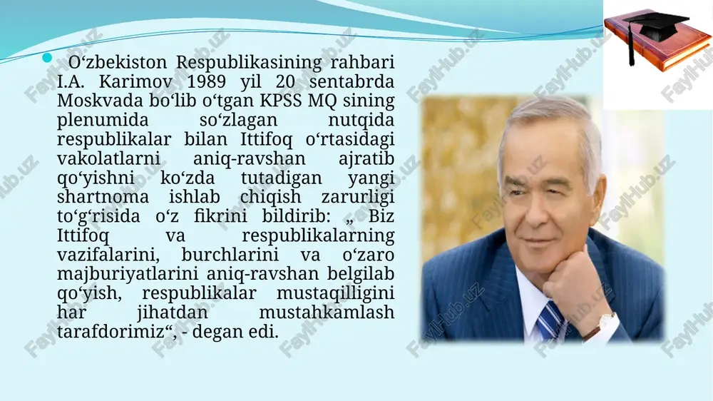 kuni respublika aholisiga o‘zining murojaatini e’lon qildi: “hozircha mamlakatning hokimiyat doiralari qanday yo‘l bilan, nimalar orqali, qanday siyosat orqali bu maqsadlarga erishish mumkinligi haqida to‘liq, hozircha batafsil ma’lumot berganicha yo‘q. bu ma’lumotlar bilan chuqur tanishganimizdan keyingina bo‘layotgan o‘zga-rishlarga o‘zimizning munosabatimizni albatta bildiramiz“. prezident xalqqa: „biz birovning gapiga kirib ish tutmaymiz, biz o‘zimiz tanlagan yo‘limizdan va belgilab olgan maqsadimizdan qaytganimiz yo‘q. ishonamanki, bu og‘ir sinovlardan ham eson-omon o‘tamiz“, - deb murojaat qildi. xalqni og‘ir sinovlardan o‘tayotgan bir paytda sabr-toqatli, bardoshli va vazmin bo‘lishga, tinchlikni saqlash maqsadida jipslashishga chaqirdi. islom karimovning respublika aholisiga murojaatidan. „sovet o‘zbekistoni“ gazetasi, 1991 yil, 21 avgust soni. 1991 yil 21 avgustda o‘zbekiston respublikasi prezidenti o‘z farmoni bilan o‘zbekiston hududida hokimiyat va boshqaruv idoralari, korxonalar, tashkilotlar hamda muassasalarning qabul qilgan barcha qarorlari va ularning ijrosi sssr va o‘zbekiston ssr konstitutsiyalariga hamda qonunlariga, o‘zbekiston respublikasi prezidenti farmonlariga va vazirlar mahkamasining qarorlariga so‘zsiz mos kelishi kerak, deb belgilab qo‘ydi. i. …