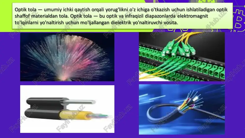 maxfiy uzluksiz murojaat qilish uchun foydalaniladi. ular boshqaruv paneledan yoki fayllarni maxfiy tarzda ko'chirishda qo'llaniladi. vpn (virtual private network): vpn tarmoq xizmati aloqa tarmoqlari orqali maxfiy aloqa o'rnatish imkonini beradi. ular ma'lumotlarni shifrlab, hech kimga ko'rish imkoniyatini chegaralaydi. optik tolalar uchun boshqarish protokollari: optik tolalarni boshqarish, ularga buyruqlar berish va ulardan ma'lumot olish uchun protokollar mavjud bo'ladi. masalan, snmp (simple network management protocol) optik tolalar monitoringi va boshqarilishida ishlatiladi. har xil qurilmalar uchun standartlar: optik aloqa tizimlarida foydalaniladigan har bir optik qurilma (misol uchun, optik switch, mux/demux, transceiverlar) uchun xususiy standartlar mavjud bo'ladi. optik tolalarning boshqarilishi va ularga oid standartlar, tarmoqlar orasidagi ma'lumot almashishni yaxshi o'rganish, tarmoqni boshqarish va monitoringni tizimlash va tarmoqni xavfsiz va ishonchli qilish uchun juda muhimdir. bu standartlar optik aloqa texnologiyalarining yuqori sifatini ta'minlashda ham katta ahamiyatga ega. optik xavfsizlik standartlari haqida optik xavfsizlik, ma'lumotlarni shifrlash, himoyalash, va ularga muloqot qilishda foydalaniladigan optik aloqa tizimlarining muhim …