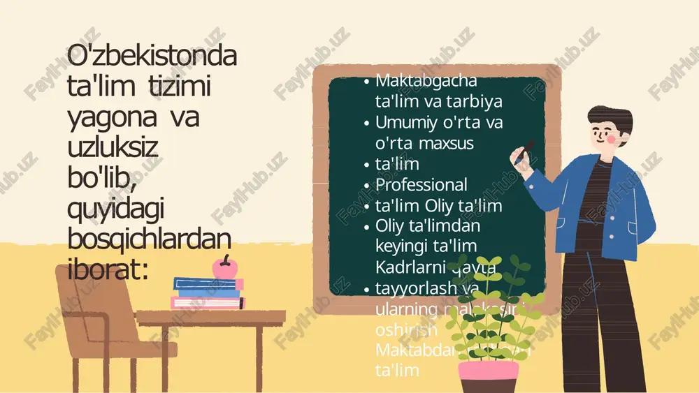 izchilligi; – umumiy o‘rta, shuningdek, o‘rta maxsus, kasb-hunar ta’limining majburiyligi; o‘rta maxsus, kasb-hunar ta’limining yo‘nalishlari: akademik litsey va kasb-hunar kollejlarida o‘qishni tanlash ixtiyoriyligi; – ta’lim tizimining dunyoviy xarakterda ekanligi; davlat standartlari doirasida ta’lim olishning hamma uchun ochiqligi; – ta’lim dasturlarini tanlashda yagona va tabaqalashtirilgan yondashuv. o‘zbekiston respublikasi prezidentining “oliy o‘quv yurtidan keyingi ta’lim tizimini yanada takomillashtirish chora- tadbirlari to‘g‘risida” 2017-yil 22-maydagi pq-4958-son qaroriga muvofiq, oliy o‘quv yurtidan keyingi ta’lim institutida ta’lim quyidagi shakllarda tashkil etiladi. o‘zbekiston respublikasi prezidentining 2018-yil 25-yanvardagi “umumiy o‘rta, o‘rta maxsus va kasb-hunar ta’limi tizimini tubdan takomillashtirish chora-tadbirlari to‘g‘risida”gi pf-5313-son farmoniga muvofiq, majburiy umumiy o‘rta va o‘rta maxsus ta’lim umumta’lim maktablarida, kasb-hunar ta’limi ixtiyoriylik asosida kasb-hunar kollejlarida amalga oshiriladi. tayanch doktorantura – o‘zbekiston respublikasi davlat byudjeti mablag‘lari hisobidan moliyalashtiriladigan, ishlab chiqarishdan ajralgan holda mutaxassislikni chuqur o‘rganish va doktorlik dissertatsiyasini tayyorlash hamda himoya qilish maqsadida ular tomonidan ilmiy izlanishlar olib borish bo‘yicha fan doktori (phd) ilmiy darajasi izlanayotganlar …
