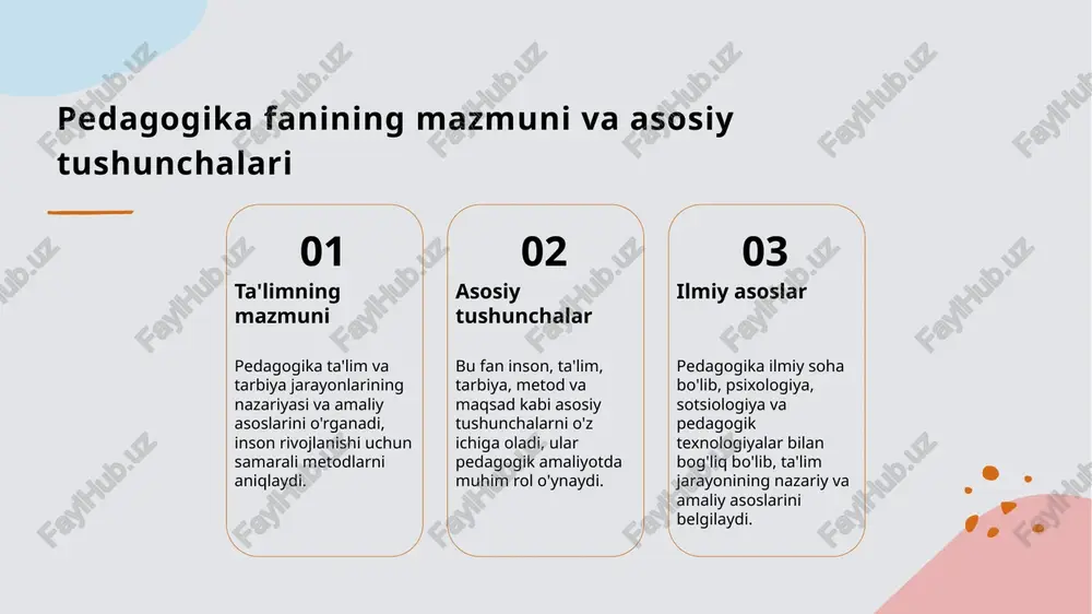 atini yaxshilashda muhim o‘rin tutadi. pedagogika fanining asosiy maqsadi: ta'lim jarayonining rivojlanishi va inson tarbiyasi. maqsadli rivojlanish pedagogikaning asosiy maqsadi ta'lim jarayonini rivojlantirish va insonning barkamol shaxs sifatida tarbiyasini taminlashdir. bu orqali jamiyatga foydali fuqaro shakllanadi. inson tarbiyasi pedagogika insonning xususiyatlari, ko’nikmalari va qadriyatlarini shakllantirishga qaratilgan bo’lib, u yosh avlodning shaxsiy va ijtimoiy rivojlanishini ta’minlaydi. yagona yondashuv ta’lim jarayonida pedagogika yoshlarni zamonaviy bilimlar bilan ta’minlash va ularni jamiyatga mos ravishda tarbiyalash uchun strategiyalarni ishlab chiqadi. ta'limda pedagogikaning roli va jamiyat uchun ahamiyati. 1 ta'limda pedagogikaning roli pedagogika ta'lim jarayonida muhim rol o'ynaydi, uni rivojlantirish va insonlarning qobiliyatlarini shakllantirishda asosiy vositadir. 2 jamiyat rivojida pedagogikaning ahamiyati pedagogika jamiyatning madaniy, iqtisodiy va ijtimoiy barqarorligini ta'minlashda muhim omil bo'lib, yoshlarni barkamol shaxs sifatida tarbiyalaydi. 3 yosh avlod tarbiyasida ta'siri pedagogika yoshlarni tarbiyalashda muhim bo'lib, ularning axloqiy qadriyatlari, intellektual va ijodiy salohiyatlarini rivojlantiradi. pedagogika fanining maqsadi: bilim, ko'nikma va qadriyatlarni shakllantirish. 1 bilim va …