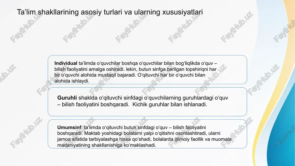 rni qo‘llash, ta’lim samaradorligini oshiradi va o‘quvchilarning rivojlanishini ta’minlaydi. ommaviy va interaktiv usullar guruhli muhokamalar, loyihalar va texnologik vositalar yordamida ta’lim jarayonini faollashtirish, o‘rganishni qiziqarli va samarali qiladi. amerikalik o‘qituvchi wiiiiam chandler bagley quyidagi dars turlarini ajratgan 1. rivojlantirish darslari (the development lesson) 2. o‘rganish darslari (study lesson) 3. so‘rov darslari (the recitation lesson) 4. mashg‘ulot darslari (the drill lesson) 5. takrorlash ya’ni qayta ko‘rib chiqish darslari (the review lesson) 6. imtihon ( tekshiruv ) darslari (the examination) ta’lim reformalari: zamonaviy pedagogik yondashuvlar va innovatsiyalar 1 innovatsion metodlar zamonaviy pedagogik yondashuvlar o‘quv jarayonini interaktiv va qiziqarli qilish uchun innovatsion texnologiyalar va metodlarni qo‘llashni talab qiladi. 2 texnologik rivojlanish raqamli texnologiyalar va axborot kommunikatsiya texnologiyalari ta’limda keng qo‘llanilib, o‘quvchilarning fikrlash va tahlil qilish qobiliyatlarini rivojlantiradi. 3 yangi o‘qitish usullari individual va guruhli o‘qitish metodlari, onlayn kurslar va kengaytirilgan haqiqat texnologiyalari ta’lim sifatini oshirishga xizmat qiladi. 4 innovatsion siyosat ta’limda innovatsiyalarni rivojlantirish …