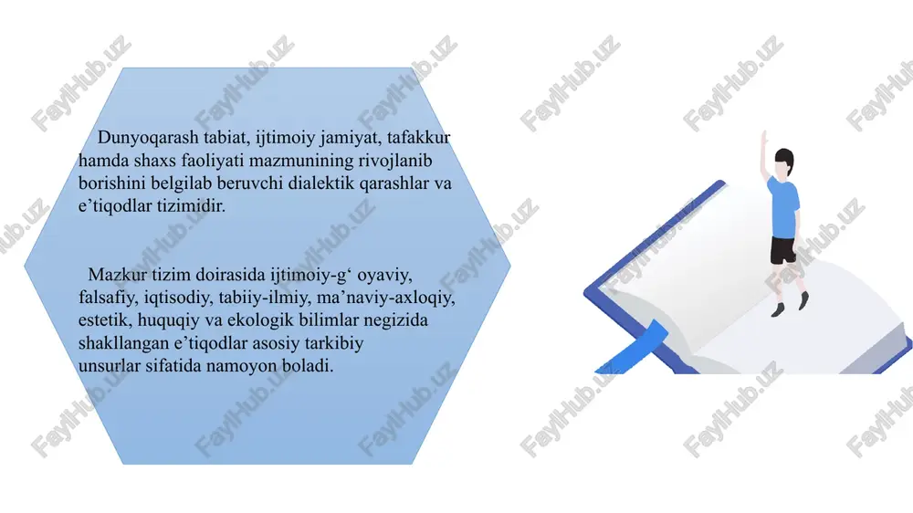 arashini kengaytiradi. tarix darsi orqali ular odamlarning hayoti va dunyoqarashining o‘zgarishini tushunadi matematika va tabiat fanlari o‘quvchilarga mantiqiy fikrlashni o‘rgatadi. adabiyot esa o‘quvchilarga odamlarning his-tuyg‘ulari va turli vaziyatlarda qanday qaror qilishi mumkinligini ko‘rsatadi xulosa qilib aytganda: shunday qilib, o‘quvchilar maktabda o‘rganadigan bilimlari va tajribasi bilan dunyoqarashini asta-sekin rivojlantiradi. bu ularga hayotda to‘g‘ri qarorlar qabul qilish va atrofdagi voqealarni yaxshiroq tushunishga yordam beradi. foydalanilgan adabiyotlar ro'yxati: ,,umumiy pedagogika nazariyasi va amaliyoti’’ .b.x.xodjayev ,,pedagogik nazariyasi’’ x. ibragimov . sh . abdullayeva image1.png image2.png image3.png image4.png image5.png image6.jpg image7.png image8.png image9.jpg image10.jpg image11.png image12.jpg image13.png image14.png image15.png image16.png image17.png image18.png image19.png