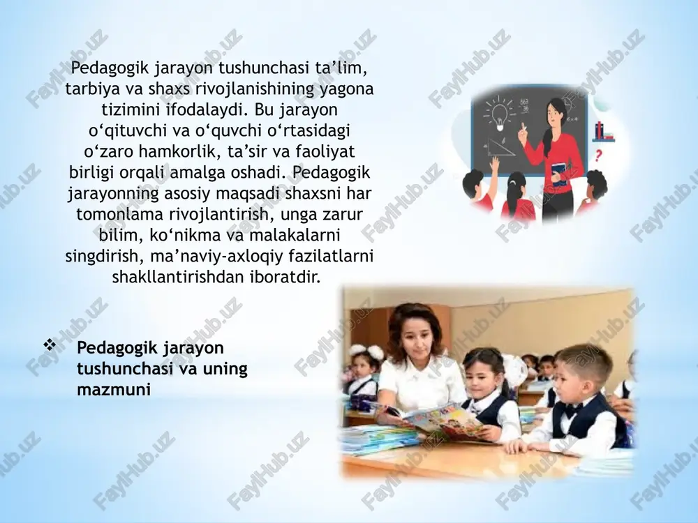 bo‘ladi. pedagogik jarayonning eng muhim tamoyillaridan biri — ilmiylik tamoyilidir. bu tamoyil ta’lim mazmunining zamonaviy fan yutuqlariga asoslanishini, o‘quvchiga berilayotgan bilimlarning ilmiy jihatdan to‘g‘ri va ishonchli bo‘lishini talab etadi. ilmiylik tamoyili o‘quvchini tanqidiy fikrlashga, dalillarga asoslanishga o‘rgatadi. ikkinchi muhim tamoyil — tizimlilik va izchillik tamoyilidir. pedagogik jarayon maqsad, mazmun, metod, vosita va natijaning o‘zaro bog‘liqligi asosida olib borilishi kerak. o‘qituvchi o‘z faoliyatida mavzular o‘rtasidagi mantiqiy ketma-ketlikni saqlab, o‘quvchining bilimlarini bosqichma-bosqich chuqurlashtirib boradi. onglilik va faollik tamoyili o‘quvchining bilim olish jarayonida faol ishtirokini ta’minlaydi. o‘quvchi o‘qituvchining tayyor bilimlarini emas, balki o‘zi mustaqil tahlil qilib, tushunib, o‘z fikrini shakllantiradi. bu tamoyil o‘quvchini ijodiy, mustaqil fikrlaydigan shaxs sifatida rivojlantirishga xizmat qiladi. ko‘rgazmalilik tamoyili ham pedagogik jarayonning ajralmas qismidir. inson idroki ko‘proq ko‘rish, eshitish va amaliy faoliyat orqali rivojlanadi. shu bois o‘qitishda turli ko‘rgazmali vositalar, texnik jihozlar, tajribalar, video va modellar qo‘llanadi. tarbiyaviy yo‘naltirilganlik tamoyili esa har qanday ta’lim jarayonining maqsadi faqat bilim berish …