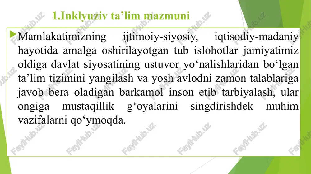 rgan muammolarni o‘rganish va bu muammolarni hal etish yo‘llarini izlab topish; -inklyuziv ta’limni qo‘llab-quvvatlashning asoslarini o‘rganish; -inklyuziv ta’lim tizimini joriy qilish tamoyillarini tahlil qilish; -o‘zbekiston respublikasida inklyuziv ta’lim tizimini joriy qilish borasidagi nazariy, amliy va huquqiy axvolni o‘rganish; -inklyuziv ta’lim muasasalarining maqsad va vazifalarini belgilash; - resurs o‘qituvchining ish faoliyati va maqsadi bilan tanishish; -inklyuziv ta’lim muasasalarining xodimlari vazifalari bilan tanishish; -inklyuziv ta’lim muasasalari mutaxassislarining ota-onalar bilan hamkorligining yo‘lga qo‘yilganlik darajasini aniqlash; -inklyuziv ta’lim muassasalarida olib borilayotgan isloxotlarni o‘rganish; -inklyuziv ta’limga jalb qilish bosqichlarini, amaliyotga joriy etish yo‘llarini o‘rganish, ish tajribalarini tahlil qilish kabilardan iborat. maxsus ta’lim muassasalarini ta’lim-tarbiya jarayoni umum va maxsus korreksion ta’lim talablari asosida o‘quv reja, korreksion dastur va darsliklar asosida amalga oshiriladi. dars jarayonida har bir bolaning individual xususiyati, qobiliyati va imkoniyati e’tiborga olinadi (yuqorida qayd etilgan nuqson turi bo‘yicha tashkil etilgan o‘quv (logoped, muassasalarida mutaxassis defektologlar tiflopedagog, surdopedagog, oligofrenopedagog) faoliyat ko‘rsatadi. ta’limning maqsad va vazifasiga …