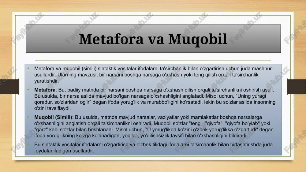 tnning oxirida xulosalar, muhokamalar yoki o'zgarishlar qo'shilishi orqali ta'sirchanlik yaratish mumkin. misol uchun, "shuningdek, hayotda sabr va ishonchning o'rniga, ko'p odamlar iste'dod, maqbullik va qadriyatni tanlaganlar" deb yozilgan matnda "shuningdek, hayotda sabr va ishonchning o'rniga, ko'p odamlar iste'dod, maqbullik va qadriyatni tanlaganlar" deb yozilgan qismin oxirida, odamlarning hayotda muvaffaqiyatga erishishining ahamiyatini ko'rsatuvchi xulosa qo'shilgan. taqdimot va san'at usullari "taqdimot va san'at usullari" sintaktik vositalari badiiy matnda ta'sirchanlikni oshirish uchun xususiy formatlar va qoidalardan foydalanishni ta'minlaydi. bu usullar ko'rsatilayotgan turli san'atlar (hikoya, she'r, maqola, dastan va h.k.) usullarida ta'sirchanlikni oshirish uchun qo'llaniladi. quyidagi misollar bu sintaktik vositalardan namunalar hisoblanadi: she'r: she'rning ta'lim etkazishda taqdimot uslubi juda muhimdir. so'zlar, tasviriy maqollar, ranglar va ta'sirchan uslublar o'rnatiladi. misol uchun, "hayotni sevgan odamning yuragi, o'lchashgan qarg'a" deb yozilgan misra she'rda matnning muqaddimasi sifatida qo'llaniladi. hikoya: hikoya taqdim etishda matnning boshlanishi juda ahamiyatga ega. bu qism hikoyaning qiziqishini oshiruvchi, o'qituvchi yoki o'qishchini matnga qiziqtirishga yordam …