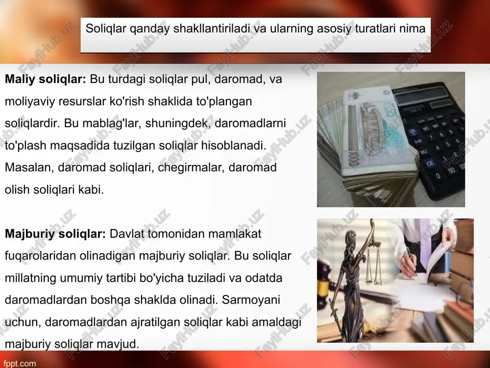tiladi. sogʻliqni saqlash va davlat xizmatlari: soliqlar sogʻliqni saqlash tizimini rivojlantirish, davlat xizmatlarini taʼminlash (politsiya, yoʻllar, koʻchalar, sayohat yoʻllari, odamlar uchun xizmatlar kabi) va tibbiyotning koʻplab sohalari uchun sarflanadi. iqtisodiy va ijtimoiy tashkilotlar uchun moliyaviy koʻrsatkichlar: soliqlar, milliy iqtisodiyotni rivojlantirish uchun investitsiyalar, korxonalar va tadbirkorlikni oshirish, yangi ish oʻrinlari yaratish, iqtisodiy koʻrsatkichlarni oshirish va ijtimoiy toza energiyaga intilish uchun sarflanadi. ijtimoiy himoya: soliqlar, koʻplab ijtimoiy himoya tizimlarini taʼminlash, kambagʻallikda turgan insonlarga yordam berish, koʻplab ijtimoiy proyektlar uchun moliyaviy koʻrsatkichlar ajratish va koʻplab sohalarni rivojlantirish maqsadida sarflanadi. soliqlar, davlat byudjetida amalga oshirilayotgan moliyaviy siyosat tizimining jihatidan juda muhim bo'lib, mamlakatning rivojlanishini, fuqarolarga xizmat ko'rsatishni va iqtisodiyotning o'sishini ta'minlashda asosiy bo'lib xizmat qiladi. soliqlar va daromadlarni shakllantirishda boshqa faktorlar qanday o‘rni bor moliyaviy siyosat: davlatning moliyaviy siyosati soliqlar va daromadlarni shakllantirishda katta o'rin tutadi. moliyaviy siyosat to'g'risida qabul qilingan qarorlar, soliqlar miqdori, tuzilishi va ularning tashkil etilishi moliyaviy siyosatning asosiy ko'rsatkichlari hisoblanadi. …