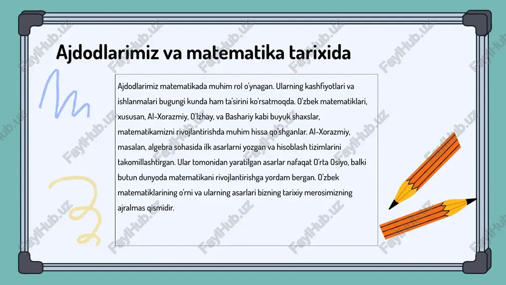 qo'llanilmoqda, geometrik shakllarning yangi o'rganilishiga yordam beradi. ajdodlarimizning geometriyadagi nazariyalari hozirgi zamonaviy matematikada qo'llanilib, ko'plab sohalarda, jumladan, muhandislik, arxitektura va kompyuter grafikalarida asosiy rol o'ynaydi. bu tarixiy bilimlar bizga zamonaviy muammolarni hal etishda yordam beradi. ajdodlarimizning matematik merosi ajdodlarimiz matematikasi oʻzbekiston tarixida muhim o‘rin tutadi. abu rayhon beruniy, al-xorazmiy va al-farg'oniy kabi buyuk olimlar o‘z asarlarida geometriya, algebra va astronomiya sohalarida qimmatli bilimlarni qoldirganlar. ularning matematik merosi bugungi kunda ham ilm-fan rivojidagi muhim manba hisoblanadi. o'zbek matematikasining kelajagi ajdodlarimizning merosini o'rganish va undan foydalanishga bog'liq. ularning asarlarini o‘rganish, zamonaviy muammolarni hal qilishda qo‘llash, yangi avlod matematiklari uchun ilhom manbai bo'ladi. shuningdek, bu merosga asoslanib, o'zbekistonlik matematiklar xalqaro arenada tanilib, o'z o'rnini egallashi mumkin. oʻzbek matematiklarining tarixi oʻzbek matematiklarining tarixiy roli matematikaning rivojiga katta ta'sir ko'rsatdi. masalan, al-khwarizmi, algebra fanining asoschisi hisoblanadi. uning "al-kitab al-mukhtasar fi hisab al-jabr wal-muqabala" asari, algebra sohasidagi dastlabki muhim asarlardan biridir. bu asar orqali u tenglamalarni …