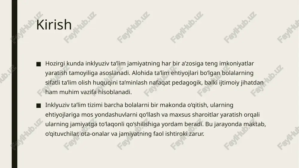 lalar – surunkali kasallikka ega yoki tibbiy yordamga doimiy ehtiyoji bo‘lgan bolalar. ushbu toifalarga kiruvchi bolalar uchun inklyuziv ta’lim tizimida maxsus metodlar, moslashtirilgan o‘quv rejalar va qo‘shimcha pedagogik yordam zarur. o‘qituvchilarga qo‘yiladigan talablar inklyuziv ta’limda o‘qituvchilar nafaqat dars beruvchi, balki maxsus ehtiyojli bolalarga ko‘mak beruvchi va ularga moslashgan muhit yaratib beruvchi shaxs sifatida ham faoliyat yuritishi kerak. shu bois, inklyuziv ta’lim o‘qituvchilari quyidagi talab va kompetensiyalarga ega bo‘lishi lozim: maxsus pedagogik bilimlarga ega bo‘lish – inklyuziv ta’lim usullari, differensial yondashuv va maxsus ehtiyojli bolalar bilan ishlash metodikasini bilish. individual yondashuvni qo‘llash – har bir bolaning imkoniyatlarini inobatga olib, ta’lim jarayonini moslashtirish. sabr-toqat va bag‘rikenglik – maxsus ehtiyojli bolalar bilan ishlashda mehribonlik va tushunish bilan yondashish. jamoaviy ishlash ko‘nikmalari – psixologlar, logopedlar, defektologlar, ota-onalar va boshqa mutaxassislar bilan hamkorlik qilish. innovatsion texnologiyalarni qo‘llash – maxsus dasturlar, elektron o‘quv materiallari va texnologik vositalardan samarali foydalanish. motivatsiya va emotsional bardoshlilik – turli xil …