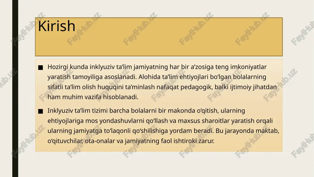 oki maxsus sharoit talab qiladigan bolalar – surunkali kasallikka ega yoki tibbiy yordamga doimiy ehtiyoji bo‘lgan bolalar. ushbu toifalarga kiruvchi bolalar uchun inklyuziv ta’lim tizimida maxsus metodlar, moslashtirilgan o‘quv rejalar va qo‘shimcha pedagogik yordam zarur. o‘qituvchilarga qo‘yiladigan talablar inklyuziv ta’limda o‘qituvchilar nafaqat dars beruvchi, balki maxsus ehtiyojli bolalarga ko‘mak beruvchi va ularga moslashgan muhit yaratib beruvchi shaxs sifatida ham faoliyat yuritishi kerak. shu bois, inklyuziv ta’lim o‘qituvchilari quyidagi talab va kompetensiyalarga ega bo‘lishi lozim: maxsus pedagogik bilimlarga ega bo‘lish – inklyuziv ta’lim usullari, differensial yondashuv va maxsus ehtiyojli bolalar bilan ishlash metodikasini bilish. individual yondashuvni qo‘llash – har bir bolaning imkoniyatlarini inobatga olib, ta’lim jarayonini moslashtirish. sabr-toqat va bag‘rikenglik – maxsus ehtiyojli bolalar bilan ishlashda mehribonlik va tushunish bilan yondashish. jamoaviy ishlash ko‘nikmalari – psixologlar, logopedlar, defektologlar, ota-onalar va boshqa mutaxassislar bilan hamkorlik qilish. innovatsion texnologiyalarni qo‘llash – maxsus dasturlar, elektron o‘quv materiallari va texnologik vositalardan samarali foydalanish. motivatsiya va …