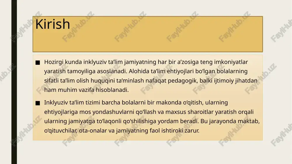 lalar – surunkali kasallikka ega yoki tibbiy yordamga doimiy ehtiyoji bo‘lgan bolalar. ushbu toifalarga kiruvchi bolalar uchun inklyuziv ta’lim tizimida maxsus metodlar, moslashtirilgan o‘quv rejalar va qo‘shimcha pedagogik yordam zarur. o‘qituvchilarga qo‘yiladigan talablar inklyuziv ta’limda o‘qituvchilar nafaqat dars beruvchi, balki maxsus ehtiyojli bolalarga ko‘mak beruvchi va ularga moslashgan muhit yaratib beruvchi shaxs sifatida ham faoliyat yuritishi kerak. shu bois, inklyuziv ta’lim o‘qituvchilari quyidagi talab va kompetensiyalarga ega bo‘lishi lozim: maxsus pedagogik bilimlarga ega bo‘lish – inklyuziv ta’lim usullari, differensial yondashuv va maxsus ehtiyojli bolalar bilan ishlash metodikasini bilish. individual yondashuvni qo‘llash – har bir bolaning imkoniyatlarini inobatga olib, ta’lim jarayonini moslashtirish. sabr-toqat va bag‘rikenglik – maxsus ehtiyojli bolalar bilan ishlashda mehribonlik va tushunish bilan yondashish. jamoaviy ishlash ko‘nikmalari – psixologlar, logopedlar, defektologlar, ota-onalar va boshqa mutaxassislar bilan hamkorlik qilish. innovatsion texnologiyalarni qo‘llash – maxsus dasturlar, elektron o‘quv materiallari va texnologik vositalardan samarali foydalanish. motivatsiya va emotsional bardoshlilik – turli xil …