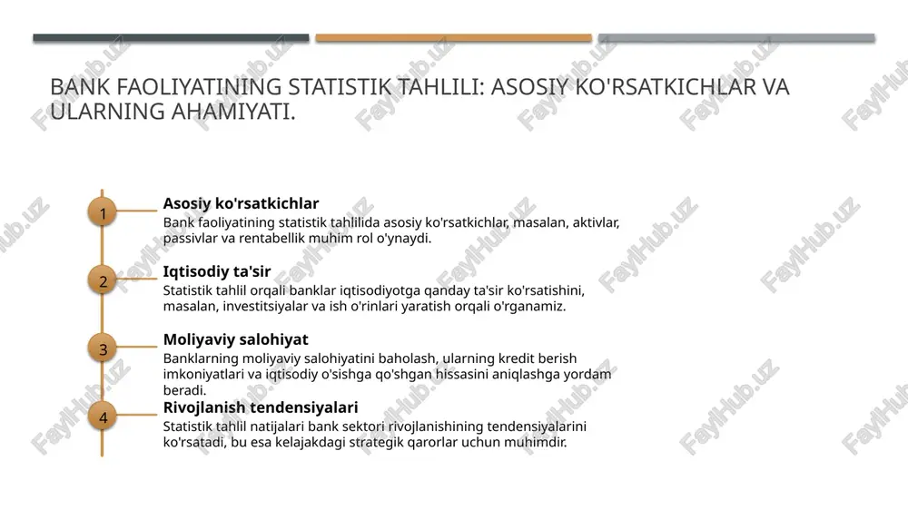 va barqarorligini baholashda muhim rol o'ynaydi. rentabellik tahlili o'zbekiston banklarining rentabellik ko'rsatkichlari, masalan, roa va roe, moliyaviy faoliyatning samaradorligini ko'rsatadi va investorlarni jalb qiladi. likvidlik darajasi banklarning likvidlik ko'rsatkichlari, masalan, likvidlik muammolarini bartaraf etish uchun zarur bo'lgan aktivlar va majburiyatlar orasidagi nisbatni o'lchaydi. kredit sifatining o'lchovi kredit sifatini baholashda, o'zbekiston banklaridagi muammoli kreditlar foizi muhim ko'rsatkich bo'lib, bank faoliyatining xavfini belgilaydi. moliyaviy ko'rsatkichlar: rivojlanish tendensiyalari va muammolari. moliyaviy ko'rsatkichlar bank faoliyatining rivojlanish tendensiyalarini va mavjud muammolarini aniqlashda muhim ahamiyatga ega. o'zbekiston bank sektoridagi ko'rsatkichlar o'sishda davom etmoqda, ammo inflyatsiya va kredit sifatining pasayishi kabi muammolar mavjud. bu tendensiyalarni tahlil qilish orqali banklar o'z strategiyalarini takomillashtirishi mumkin. - moliyaviy barqarorlikni ta'minlash; - kreditlash jarayonlaridagi o'zgarishlar; - inflyatsiya ta'siri. photo by nishant kulkarni on unsplash bank faoliyatidagi daromad va xarajatlar dinamikasi. daromad manbalari xarajat turlari dinamik o'zgarishlar banklar uchun daromad manbalari, asosan, foizlar, xizmat haqlari va investitsiyalardan kelib chiqadi, bu esa ularning …