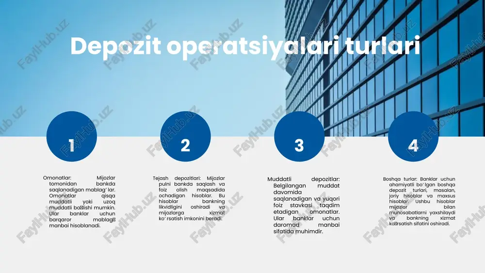banklarning buxgalteriya hisobi va moliyaviy hisobotlarida aks etadi, bu esa ularning iqtisodiy faoliyatini yanada barqaror qiladi. depozit operatsiyalarining buxgalteriya hisobi: asosiy hisob-kitoblar, qayd etish tartibi va hisobotlar. buxgalteriya hisobi uchun asosiy usullar va qoidalar. buxgalteriya hisobi va depozit operatsiyalari buxgalteriya hisobi va depozit operatsiyalari o'rtasidagi o'zaro bog'liqlik muhim ahamiyatga ega. buxgalteriya hisobi, moliyaviy faoliyatni to'g'ri aks ettirishga yordam beradi va banklar depozitlarini boshqarishda muhim rol o'ynaydi. buxgalteriya hisobi tamoyillari, masalan, hisobga olishning to'g'riligi va davrlilik tamoyillari, depozit operatsiyalarining amalga oshirilishida ta'sir ko'rsatadi. bu tamoyillar, banklarning moliyaviy hisobotlarida aniq va ishonchli ma'lumotlarni taqdim etishida hal qiluvchi ahamiyatga ega. moliya institutlari, depozit operatsiyalarini boshqarish va nazorat qilishda muhim rol o'ynaydi. ular, mijozlar uchun xavfsiz va samarali moliyaviy xizmatlar taqdim etish orqali iqtisodiy barqarorlikni ta'minlaydi. buxgalteriya hisobi va depozit operatsiyalari o'rtasidagi bog'liqlik, moliyaviy hisobotlarning sifatini oshirish va bank faoliyatining samaradorligini ta'minlashda muhimdir. 1 2 3 4 depozit operatsiyalari turlari depozit operatsiyalari banklarda muhim …