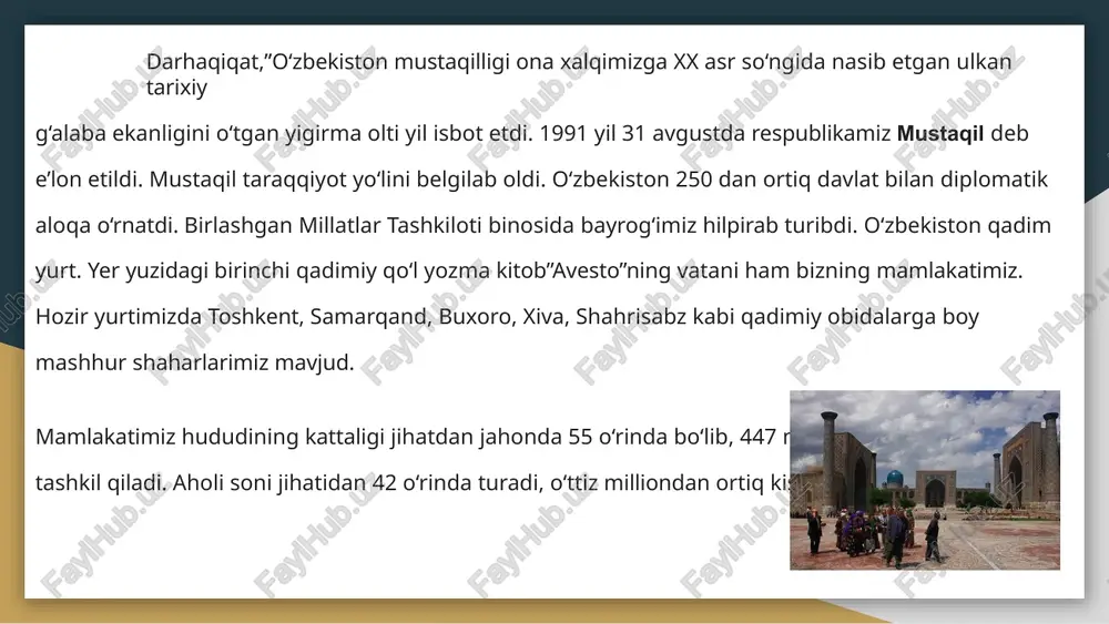 i va eng qadimiy qo‘lyozma “avesto”dagi go‘zal bitiklar ham ana shundan dalolat beradi. eramizdan oldingi davrda yaratilgan yozma manba “avesto”da olamni munavvar qiluvchi quyosh sharqdan chiqishi tilga olinadi. zero, quyosh bilan olam munavvarlashadi, jamiki tabiatu mavjudot harakatga keladi. zero, tabiat o‘z quyoshi bilan, inson o‘z ijodiy faoliyati bilan ajralib turadi. biz dunyoga mashhur allomalarni bejiz tilga olmadik. ular ajdodlarni avlodlarga bog‘lovchi ma’naviy ko‘priklardir. ularning hayot yo‘li yoshlarimiz uchun yorqin ibratdir. hukumatimizning maqsadu muddaosi ham shu – millatning yuzi bo‘ladigan, buyuk vatanimizga munosib komil inson tarbiyalash, ya’ni rango-rang “qadimiy gullar”ga hamohang “jajji chechaklarni” parvarishlashdir. fonetika, orfoepiya, grafika, orfografiya va tovushlar to‘g‘ri talaffuz qoidalarining yig‘indisi orfoepiya (grekcha: orphos – to‘g‘ri, epos – nutq) deb yuritiladi. to‘g‘ri talaffuz, avvalo, shaxsning madaniy yetukligidan dalolat beradi. talaffuz me’yorlari deganda ma’lum bir qonun-qoidalarga amal qilib so‘zlash tushuniladi. unlilar orfoepiyasi aa unlisi savob, zamon singari so‘zlarda o kabi, muomala, munosabat, muhokama kabi so‘zlarda i kabi talaffuz qilinadi. …