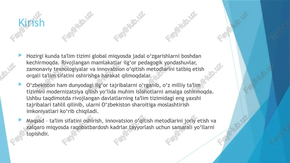tformalari va sunʼiy intellektdan foydalanish. ✅ yuksak intizom va talabchanlik – o‘quvchilar tartib va mehnatsevarlik asosida taʼlim oladilar. ✅ uzoq davom etadigan darslar – o‘quvchilar maktabdan keyin ham qo‘shimcha mashg‘ulotlarda qatnashadi. ✅ fan va texnologiyaga e’tibor – ilmiy tadqiqotlar va muhandislik yo‘nalishlariga katta ahamiyat qaratiladi. ✅ oliy taʼlimning nufuzliligi – universitetga kirish juda raqobatbardosh bo‘lib, talabalar sifatli bilim olishi uchun ko‘p harakat qilishadi. janubiy koreya modeli intizomli, mehnatsevar va bilimli avlodni tarbiyalashga qaratilgan. germaniya taʼlim tizimi germaniya taʼlim tizimi amaliyot va nazariyaning uyg‘unligi bilan ajralib turadi: ✅ ikkilamchi taʼlim tizimi – o‘quvchilar akademik (gymnasium) yoki kasb-hunar (hauptschule, realschule) yo‘nalishini tanlaydi. ✅ dual taʼlim tizimi – nazariya va amaliyot uyg‘un bo‘lib, talabalar korxonalarda ishlab, tajriba orttiradi. ✅ bepul yoki arzon taʼlim – davlat universitetlari aksariyat hollarda bepul yoki juda arzon taʼlim beradi. ✅ mustaqil fikrlash va ijodkorlik – o‘quvchilarning tanqidiy fikrlashi va ijodiy yondashuvi qo‘llab-quvvatlanadi. ✅ kasbiy taʼlimning rivojlanganligi – germaniya …