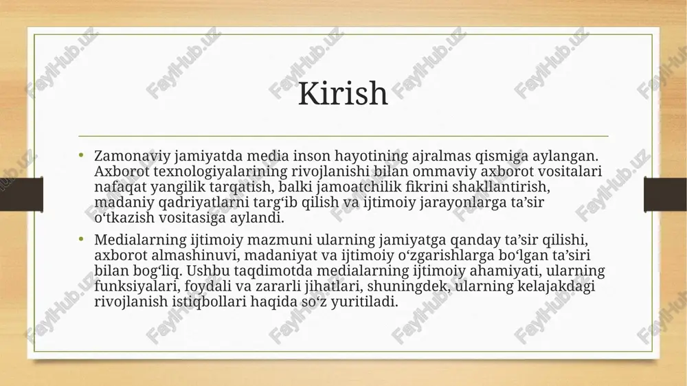 iy va madaniy targ‘ibot – milliy qadriyatlar, ta’lim va san’atni keng ommaga yetkazadi. an’anaviy media ishonchlilik va chuqur tahlil orqali jamiyat hayotida muhim rol o‘ynaydi. raqamli media va uning afzalliklari tezkor axborot almashinuvi – yangiliklar va ma’lumotlarni real vaqt rejimida yetkazish imkoniyati. global auditoriya – geografik cheklovlarsiz millionlab odamlarga yetib borish imkoniyati. interaktivlik – foydalanuvchilar fikr bildirish, muhokama qilish va axborot almashish imkoniga ega. turli formatdagi kontent – matn, video, audio, podkast va infografika kabi ko‘rinishlarda axborot tarqatish. shaxsiylashtirilgan axborot – foydalanuvchilarning qiziqishlariga mos ravishda ma’lumot taqdim etish. iqtisodiy samaradorlik – an’anaviy mediaga nisbatan arzonroq va qulayroq platforma. raqamli media axborot tarqatishning eng zamonaviy shakli bo‘lib, keng auditoriya va yuqori samaradorlik bilan ajralib turadi. ijtimoiy tarmoqlarning ijtimoiy roli axborot tarqatish – dolzarb yangiliklar va voqealar haqida tezkor ma’lumot olish imkonini yaratadi. jamoatchilik fikrini shakllantirish – muhim mavzular bo‘yicha fikr almashish va muhokama qilish platformasini taqdim etadi. fuqarolik faolligini oshirish – …