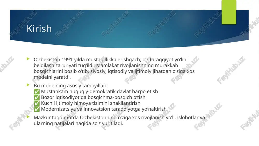 ab chiqarish va eksport hajmini oshirish. texnoparklar va innovatsiyalar – zamonaviy sanoat zonalari, startaplarni qo‘llab-quvvatlash va ilmiy-texnologik tadqiqotlarga sarmoya kiritish. raqamli iqtisodiyot – sun’iy intellekt, avtomatlashtirish va "elektron hukumat" tizimini joriy etish. bu islohotlar sanoatni diversifikatsiya qilish va oʻzbekistonning global raqobatbardoshligini oshirishga xizmat qilmoqda. qishloq xoʻjaligi va agrar islohotlar oʻzbekistonda qishloq xoʻjaligini rivojlantirish va agrar islohotlar ustuvor yoʻnalishlardan biridir. asosiy islohotlar quyidagilardan iborat: fermer xo‘jaliklarini rivojlantirish – yerni ijaraga berish va fermerlarning huquqlarini mustahkamlash. paxta monopoliyasini qisqartirish – dehqonchilikda diversifikatsiya va meva-sabzavot yetishtirish hajmini oshirish. suv resurslaridan samarali foydalanish – tomchilatib sug‘orish va zamonaviy irrigatsiya tizimlarini joriy etish. qishloq xo‘jaligi mahsulotlarini eksport qilish – ekologik toza va eksportbop mahsulotlar yetishtirish. bu islohotlar oziq-ovqat xavfsizligini ta’minlash va agrar sektorni modernizatsiya qilishga xizmat qilmoqda. transport va infratuzilma rivoji oʻzbekiston transport va infratuzilmani rivojlantirishga alohida eʼtibor qaratib, zamonaviy tizimlarni joriy etmoqda: avtomobil va temir yoʻl infratuzilmasi – yangi yoʻllar, koʻpriklar va logistika markazlari …