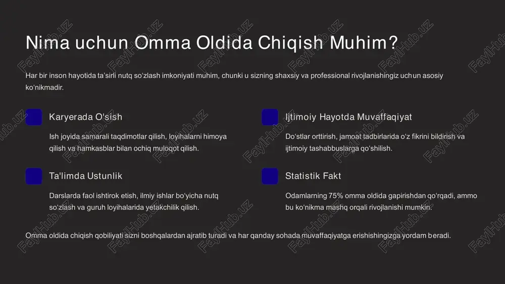 qiriq yoki kelajakka oid vizyon bilan yakunlang. tinglovchilar xotirasida chuqur iz qoldiring. ushbu tuzilishga amal qilish nutqingizni yanada samarali va ta'sirchan qiladi. https://gamma.app/?utm_source=made-with-gamma https://gamma.app/?utm_source=made-with-gamma amaliy mashqlar va tayyorlanish bo‘yicha maslahatlar omma oldida chiqish ko‘nikmalarini doimiy ravishda oshirish uchun quyidagi amaliy mashqlarni bajaring. ushbu mashqlar sizga ishonch hosil qilish va har qanday auditoriya oldida muvaffaqiyatli nutq so‘zlashga yordam beradi. https://gamma.app/?utm_source=made-with-gamma https://gamma.app/?utm_source=made-with-gamma xulosa: omma oldida chiqish sanʼati — har kim o‘rganishi mumkin! omma oldida chiqish sanʼati tug‘ma qobiliyat emas, balki o‘rganiladigan va rivojlantiriladigan ko‘nikmadir. ishonchni hosil qilish harakat va doimiy mashqlar orqali siz o‘zingizga va nutq qobiliyatingizga bo‘lgan ishonchingizni oshirishingiz mumkin. hayotingizni o‘zgartirish samarali nutq so‘zlash qobiliyati nafaqat sizning, balki atrofdagilarning hayotini ham ijobiy tomonga o‘zgartirishi mumkin. bugun boshlang, o‘zingizdagi yashirin salohiyatni oching va ertangi kuningiz boshqacha bo‘lsin! https://gamma.app/?utm_source=made-with-gamma https://gamma.app/?utm_source=made-with-gamma