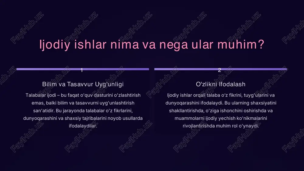 i jamiyatning umumiy taraqqiyotida ham muhim rol o'ynaydi. https://gamma.app/?utm_source=made-with-gamma https://gamma.app/?utm_source=made-with-gamma xulosa: har bir talaba – ijodkor! imkoniyatlaringizni kashing ijodiy ishlar orqali o‘z imkoniyatlaringizni kashf eting va ichki salohiyatingizni to'liq ro'yobga chiqaring. har bir g'oya – yangi qadam har bir g‘oya, eng kichigi bo'lsa ham, kelajak uchun yangi qadamdir. uni rivojlantirishdan qo'rqmang. birgalikda yuqsak natijalarga birgalikda, ijodkorlik va hamkorlik orqali, yuksak natijalarga erishishimiz mumkin. https://gamma.app/?utm_source=made-with-gamma https://gamma.app/?utm_source=made-with-gamma