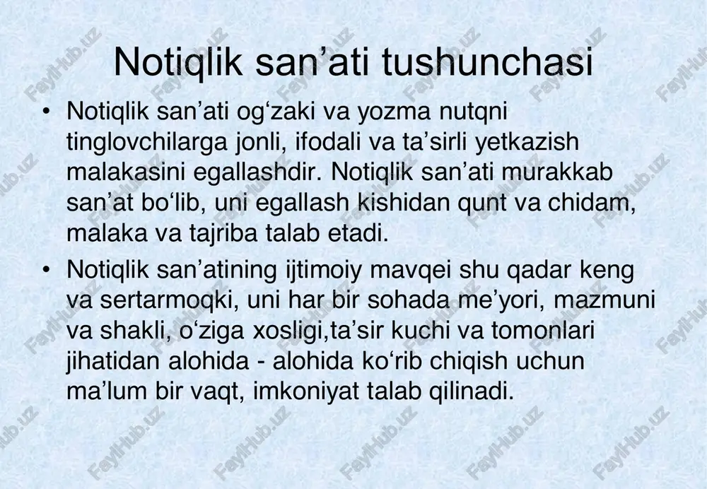 amizdan ilgari iii - ii asrlarda yashab o‘tgan davlat arboblaridan mark partius kato yoki katondir. katon notiq sifatida nutq san’ati nazariyasi va amaliyoti masalalari bilan maxsus shug‘ullangan. sitseron • keyinchalik rimda aka-uka tiberiy va kay grakx, mark antoniy, mark tulliy sitseron kabi taniqli qator notiqlar yetishib chiqadiki, bular ichida eng buyuk va so‘zamoli notiq sitseron edi. sitseron va demosfen qadimgi notiqlarning eng buyuklari edi. demosfen ko‘proq o‘zining siyosiy notiqligi bilan shuhrat topgan bo‘lsa, sitseron sud notiqligi bilan tanildi. albatta, sitseron nutqlari siyosiy jihatdan ham kuchli edi. rimda, umuman, siyosiy tomonni chetlab o‘tgan birorta ham yaxshi notiq bo‘lmagan. • sitseron timsolida notiqlik san’atining nazariyasi hayot tajribasi va nazariyasi bilan muvaffaqiyatli ravishda qo‘shib olib borildi. u notiqlik san’ati nazariyasining ayrim tomonlarini ishlab chiqibgina qolmay, o‘z notiqlik chiqishlari bilan buni tajribada isbot etdi. sitseronning notiqlarga talabi. • notiqning o‘ziga ishonchi mustahkam bo‘lishi kerak. buning uchun esa notiq o‘z nutqida olg‘a suriladigan fikrga to‘la …