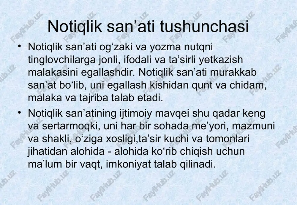 ii asrlarda yashab o‘tgan davlat arboblaridan mark partius kato yoki katondir. katon notiq sifatida nutq san’ati nazariyasi va amaliyoti masalalari bilan maxsus shug‘ullangan. sitseron keyinchalik rimda aka-uka tiberiy va kay grakx, mark antoniy, mark tulliy sitseron kabi taniqli qator notiqlar yetishib chiqadiki, bular ichida eng buyuk va so‘zamoli notiq sitseron edi. sitseron va demosfen qadimgi notiqlarning eng buyuklari edi. demosfen ko‘proq o‘zining siyosiy notiqligi bilan shuhrat topgan bo‘lsa, sitseron sud notiqligi bilan tanildi. albatta, sitseron nutqlari siyosiy jihatdan ham kuchli edi. rimda, umuman, siyosiy tomonni chetlab o‘tgan birorta ham yaxshi notiq bo‘lmagan. sitseron timsolida notiqlik san’atining nazariyasi hayot tajribasi va nazariyasi bilan muvaffaqiyatli ravishda qo‘shib olib borildi. u notiqlik san’ati nazariyasining ayrim tomonlarini ishlab chiqibgina qolmay, o‘z notiqlik chiqishlari bilan buni tajribada isbot etdi. sitseronning notiqlarga talabi. notiqning o‘ziga ishonchi mustahkam bo‘lishi kerak. buning uchun esa notiq o‘z nutqida olg‘a suriladigan fikrga to‘la ishonch hosil qilishi lozim. nutq to‘liq isbotli …