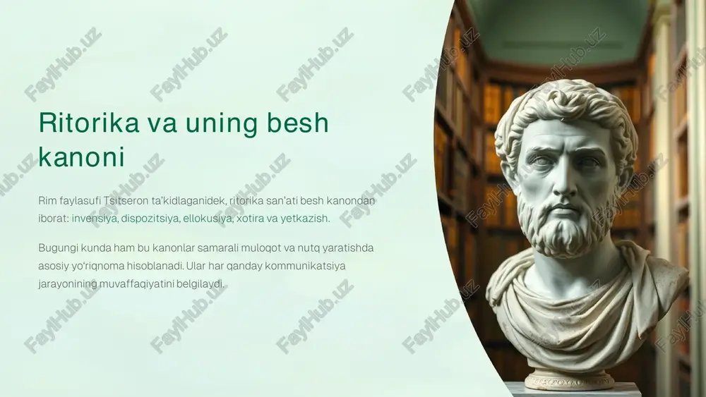 s://gamma.app/?utm_source=made-with-gamma https://gamma.app/?utm_source=made-with-gamma ellokusiyaning vositalari ellokusiya nutqni yanada esda qolarli va ta’sirli qilish uchun turli badiiy vositalardan foydalanadi: trop va sxemalar metafora: "hayot bu — kurash maydoni." taqqoslash: "nutqchi daryo kabi ravon gapiradi." parallelizm: "keldim, ko‘rdim, g‘alaba qildim." antitezis: "u zaif emas, u kuchli." nutqni boyitish bu vositalar nutqni shunchaki ma’lumot beruvchi matndan ko‘ra ko‘proq qilishga yordam beradi. ular tinglovchining hissiyotlariga ta’sir qiladi. ted nutqlarida qo‘llanilishi "hayot bu — sayohat, yo‘l esa daryo kabi oqadi." kabi jumlalar tinglovchilarni hayratda qoldiradi va nutqni esda qolarli qiladi. https://gamma.app/?utm_source=made-with-gamma https://gamma.app/?utm_source=made-with-gamma ritorik kanonlarning zamonaviy ahamiyati nutq va yozma muloqotda samaradorlikni oshirish uchun invensiya, dispozitsiya va ellokusiya birgalikda ishlatiladi. har bir kanon auditoriya bilan muvaffaqiyatli aloqa o‘rnatishda muhimdir. ular zamonaviy kommunikatsiya, marketing va ta’limda ham keng qo‘llaniladi. https://gamma.app/?utm_source=made-with-gamma https://gamma.app/?utm_source=made-with-gamma xulosa: ritorika san’ati – so‘z kuchi invensiya g‘oyalarni topish dispozitsiya tartibga solish ellokusiya uslub va so‘z san’ati ushbu kanonlarni o‘rganish va qo‘llash orqali har kim o‘z fikrini …